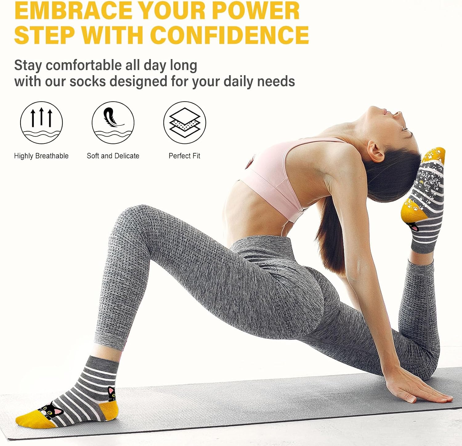 Detalle 2 de PUTUO chaussettes antidérapantes fantaisie pour femme (motif chats) – lot de 5 paires