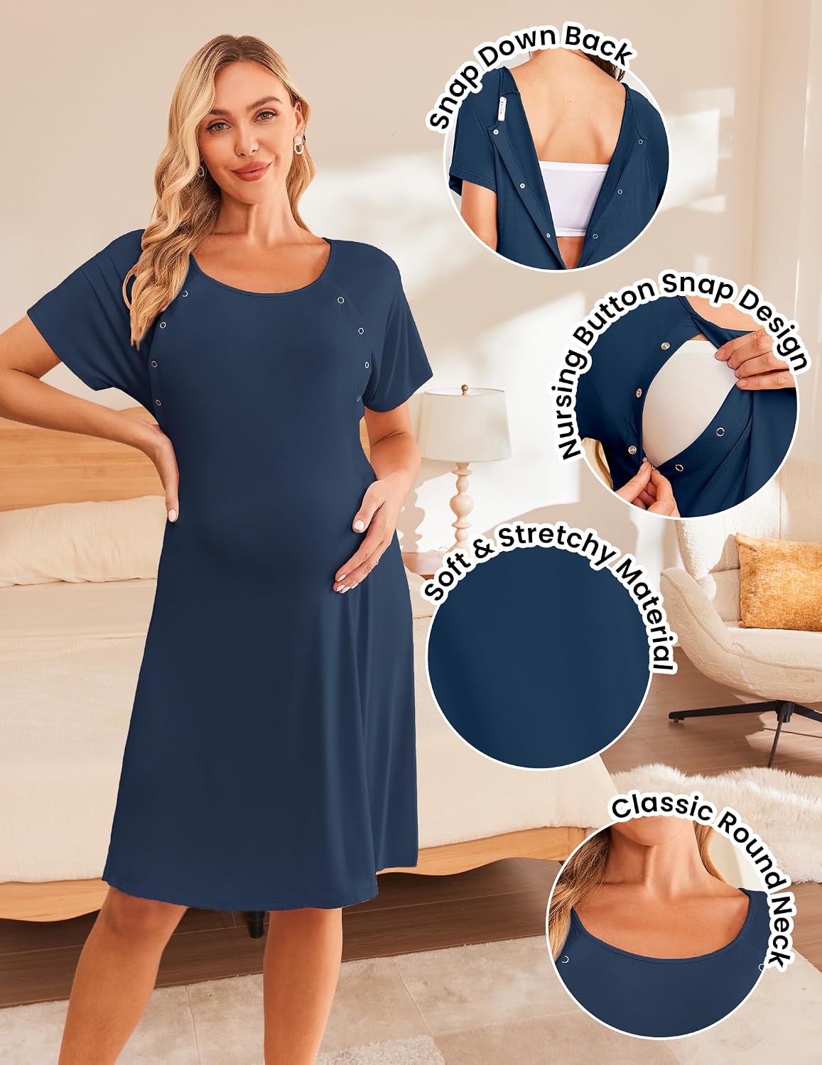 Thumbnail 2 de Ekouaer EKY005099 Maternity Nightdress, Nursing Snaps, Short Sleeves