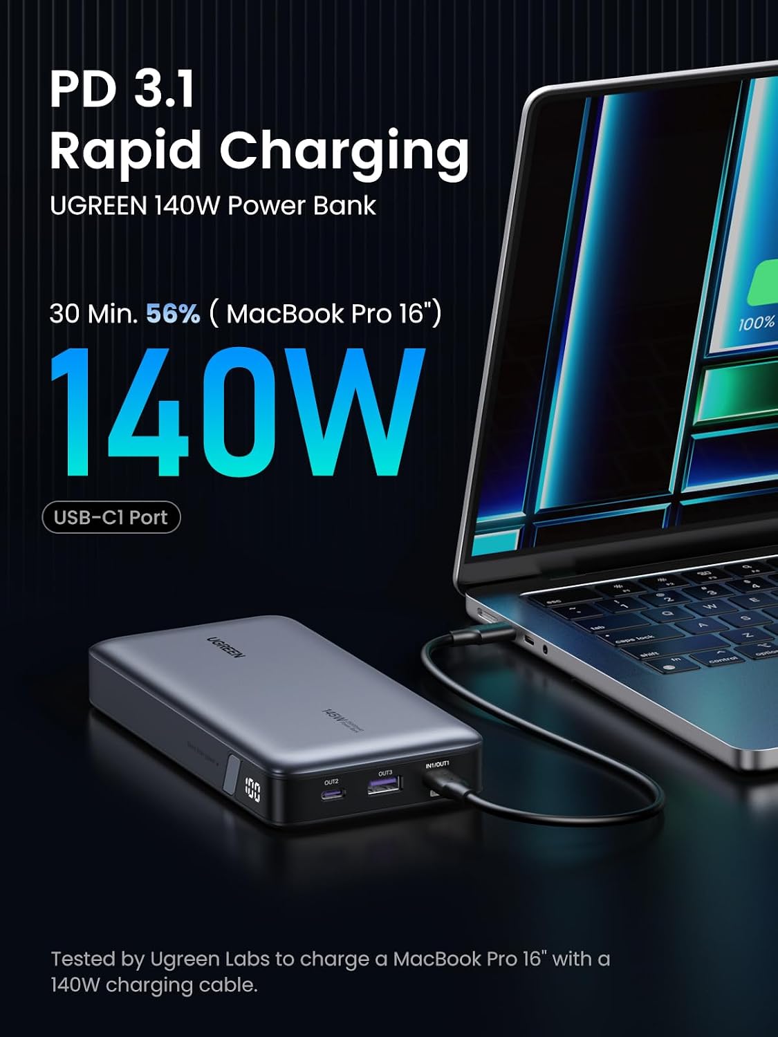 Detalle de UGREEN Nexode 140W 25000mAh laptop power bank