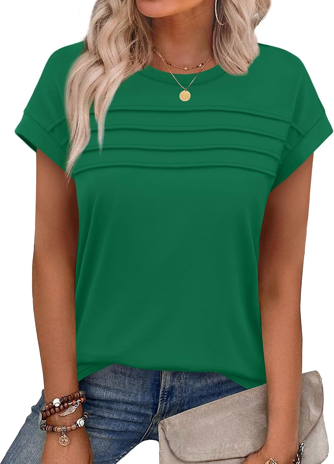 Thumbnail 6 de WEESO Womens Summer Tops Cap Sleeve Pleated Front Crew Neck T-Shirts