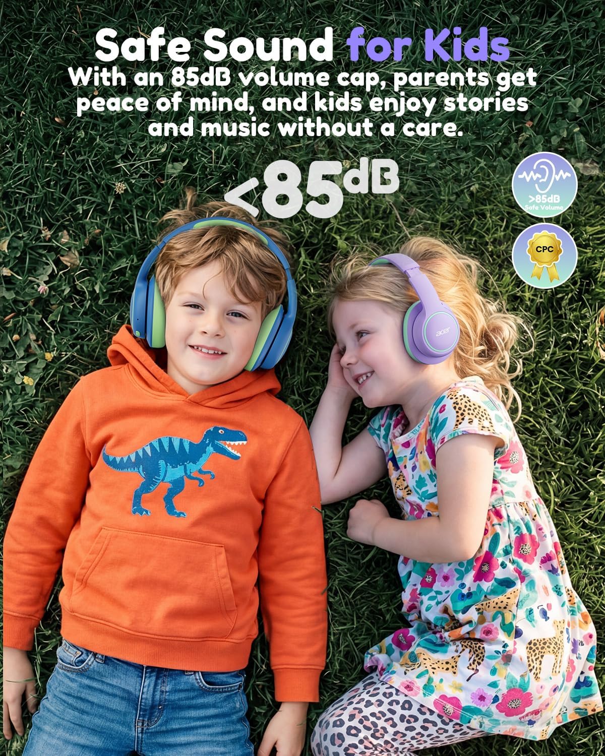 Thumbnail 2 de Acer Kids OHR702 Bluetooth Over-Ear Headphones for Kids (Mic, 75H Playtime, 85dBA Safe Volume) - Purple/Green