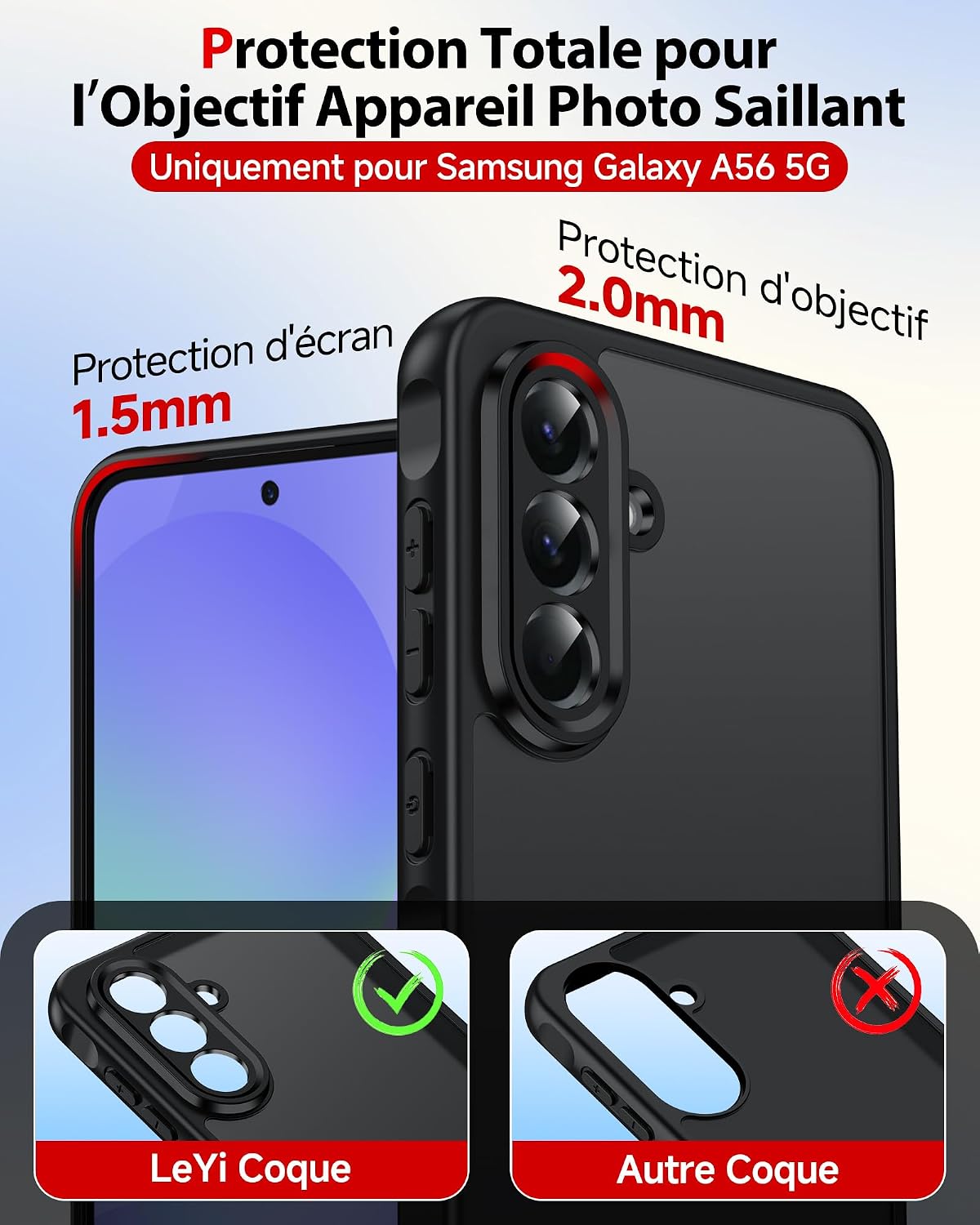Detalle 2 de LeYi Coque pour Samsung Galaxy A56 / A56 5G avec 2 verres trempés 9H, protection caméra et écran, TPU/PC finition mate anti-traces – Noir