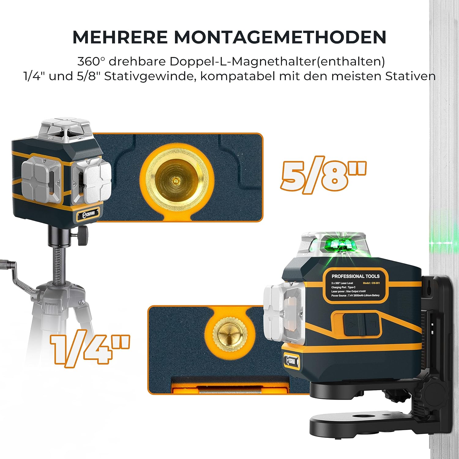Thumbnail 3 de CIGMAN CM-801 Kreuzlinienlaser – 3 x 360° grün, selbstnivellierend, mit Dual-Batterien und Fernbedienung