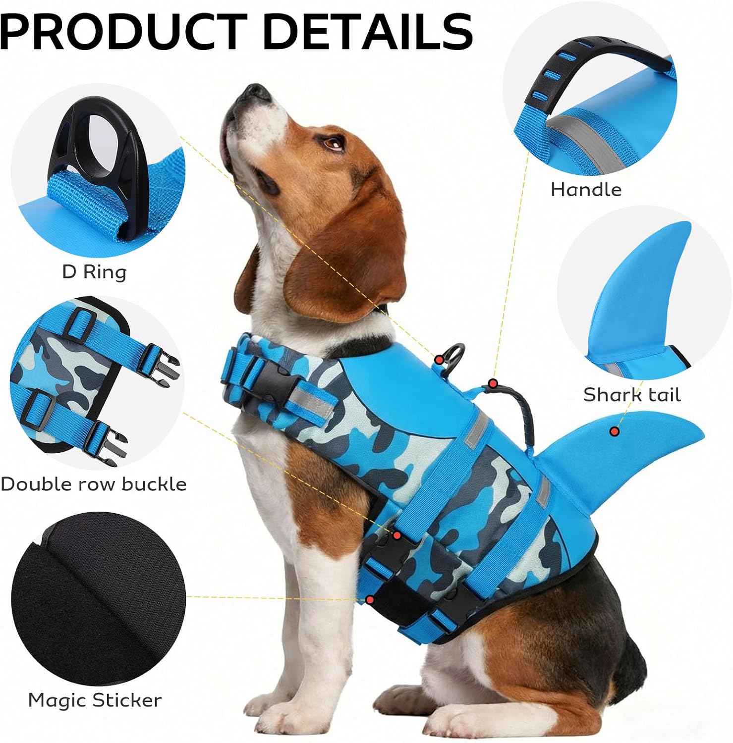 Detalle 2 de CITÉTOILE Dog Life Jacket Shark Costume – Blue Camouflage, Safe Swim Vest (Size S)