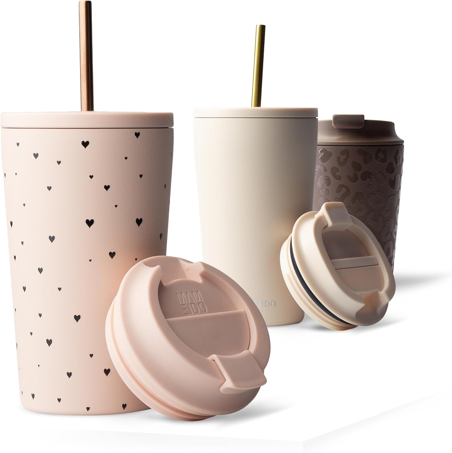 Detalle de MAMEIDO Thermobecher mit Strohhalm 470 ml – Edelstahl, doppelwandig isoliert, auslaufsicher, mit Deckel und Strohhalm (Blush Crush)