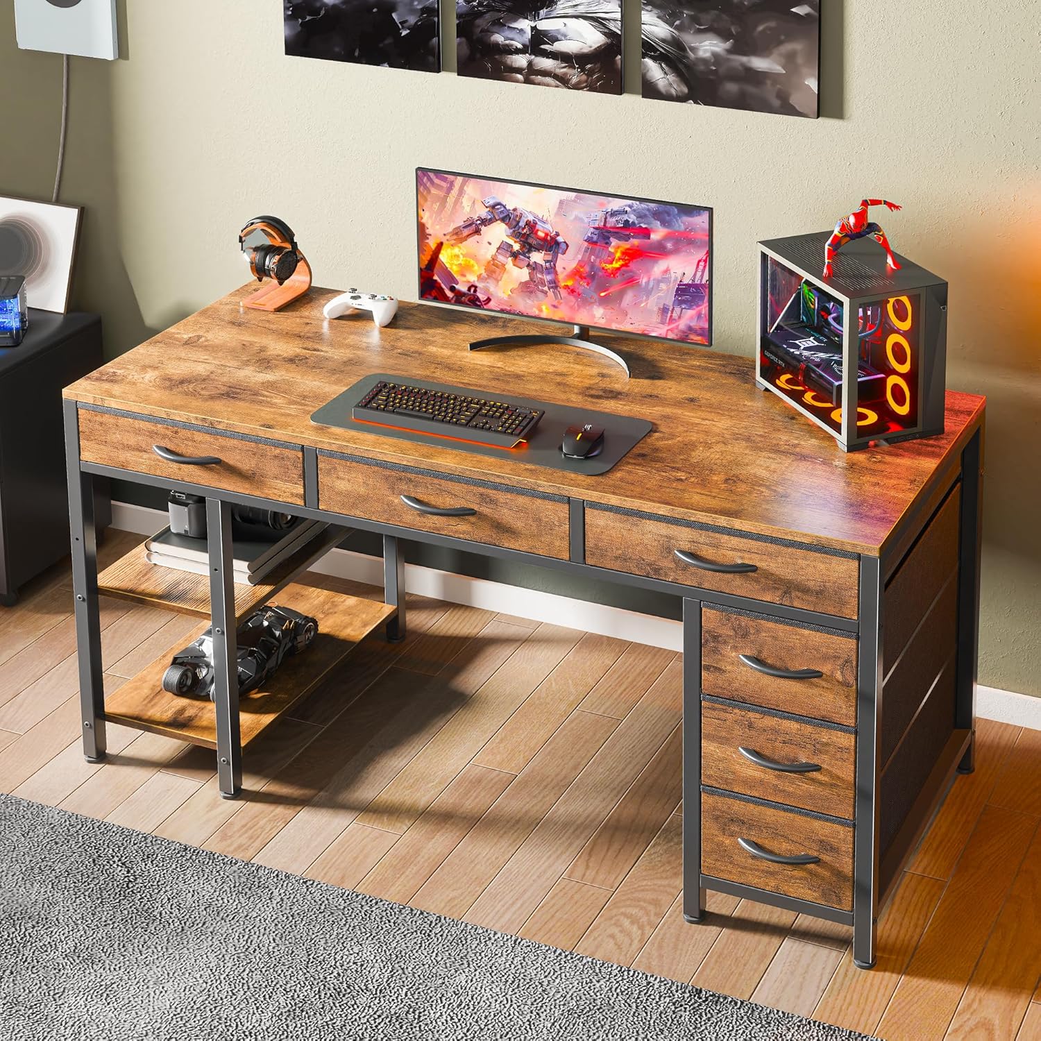 Thumbnail 6 de Huuger Computer Desk with 6 Drawers, Reversible Shelves, Rustic Brown, 47-Inch