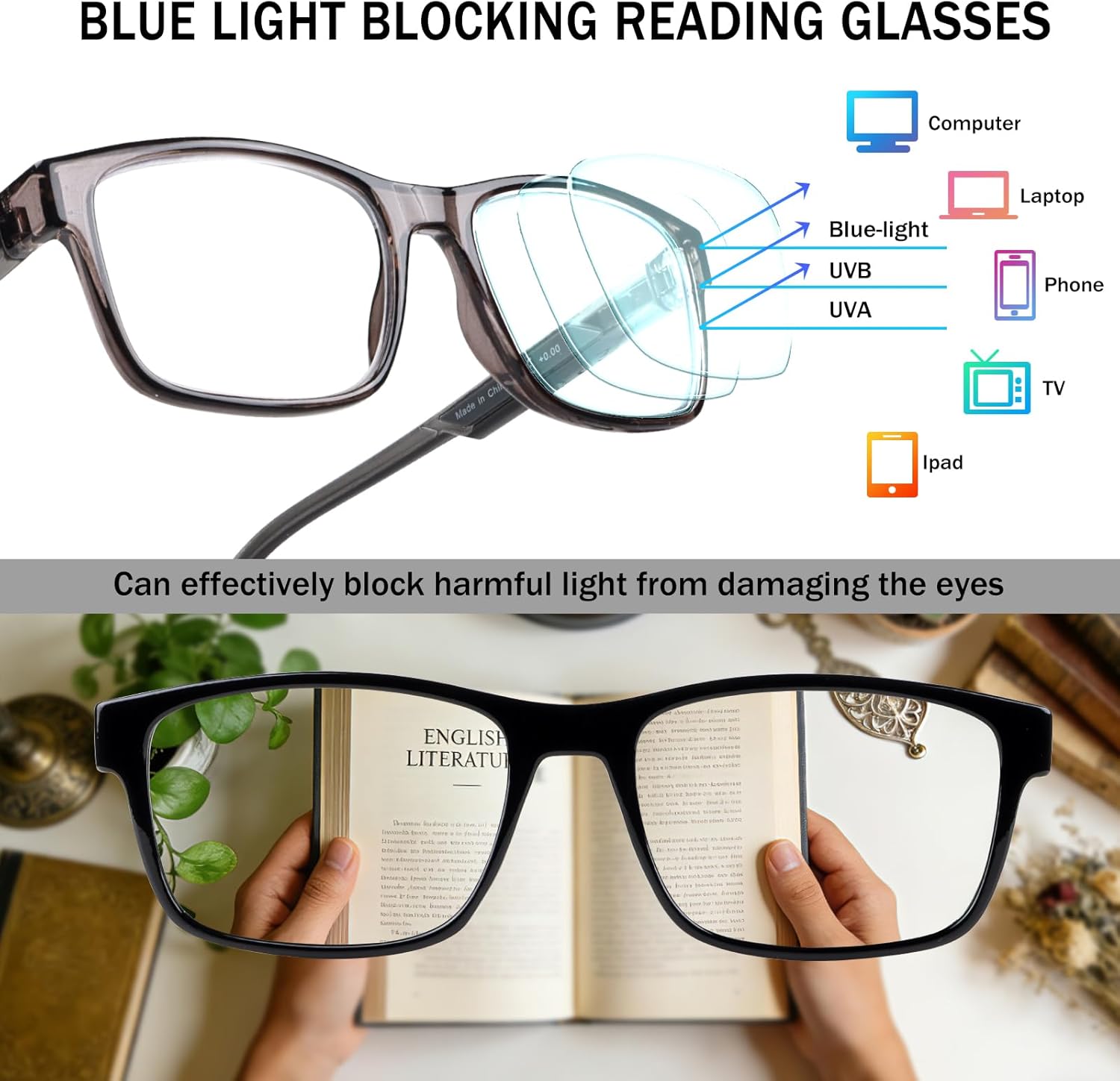 Thumbnail 3 de Kerecsen 3 Pack Mens Reading Glasses with Spring Hinge – Blue Light Blocking Rectangular Glasses for Men