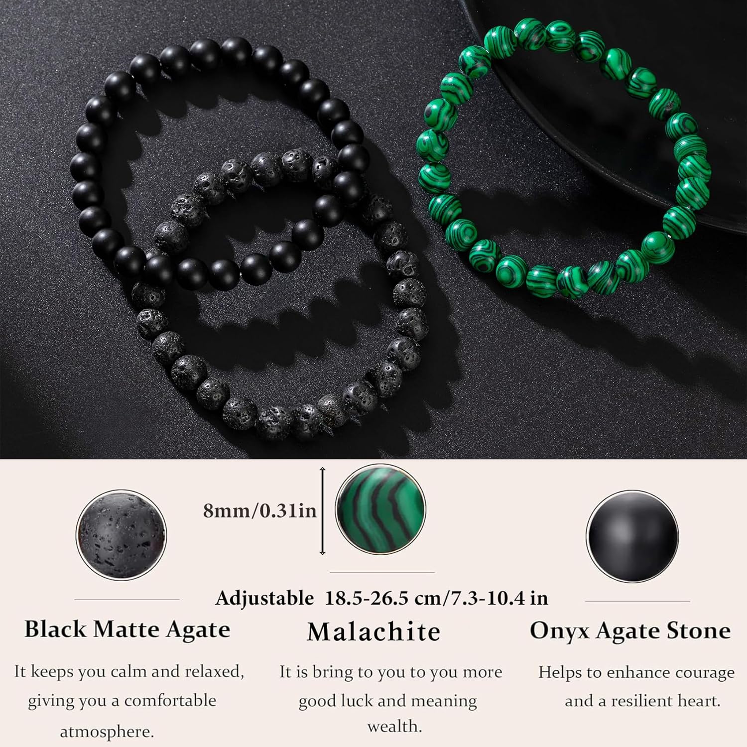 Thumbnail 4 de Bracelet œil de tigre homme MOROTOLE en pierres naturelles 8 mm, lot réglable (ensemble bracelets perles)