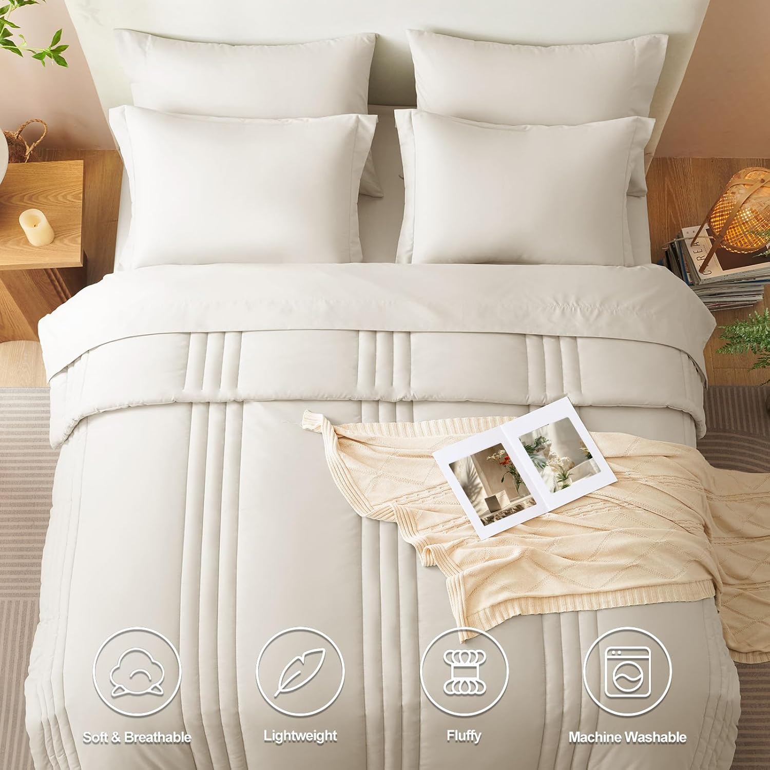 Thumbnail 1 de CozyLux Queen Size 7-Piece Comforter Set (Beige) with Sheets & Down-Alternative Comforter