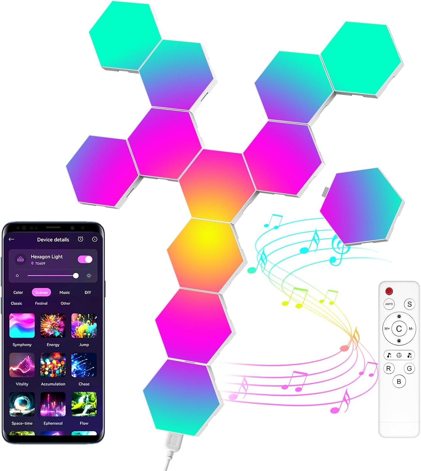 Detalle de MeRGBW-Home 12er Set Hexagon-LED-Panels für Gaming & Deko (RGBW, Musik-Sync, App- und Fernbedienung)
