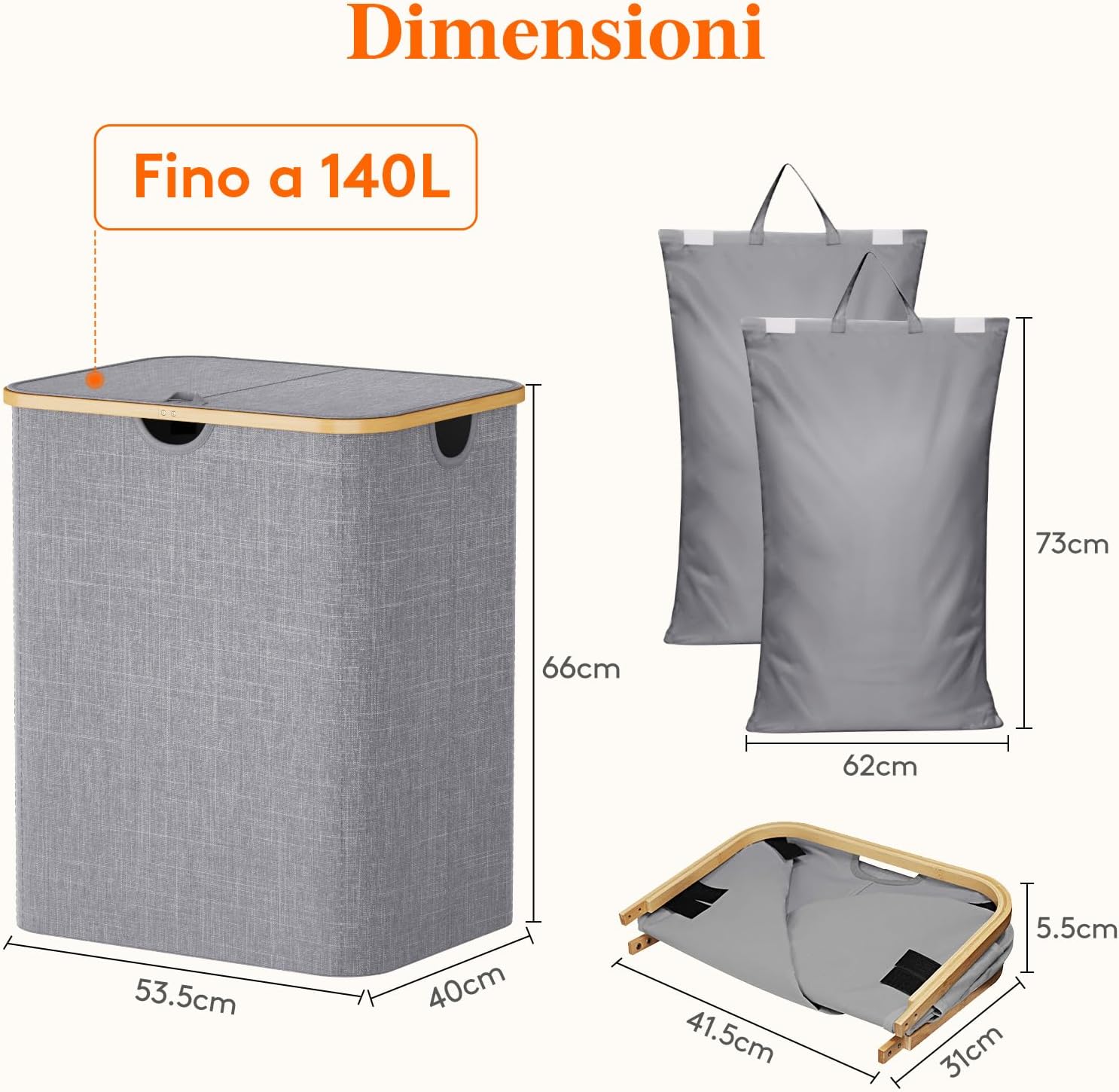 Detalle de Lifewit 23156 140L Laundry Hamper with Lid, Two Compartments, Light Grey