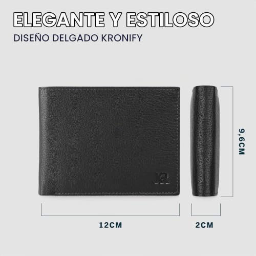 Detalle de KRONIFY cartera de piel auténtica Nappa negra con protección RFID y 13 compartimentos