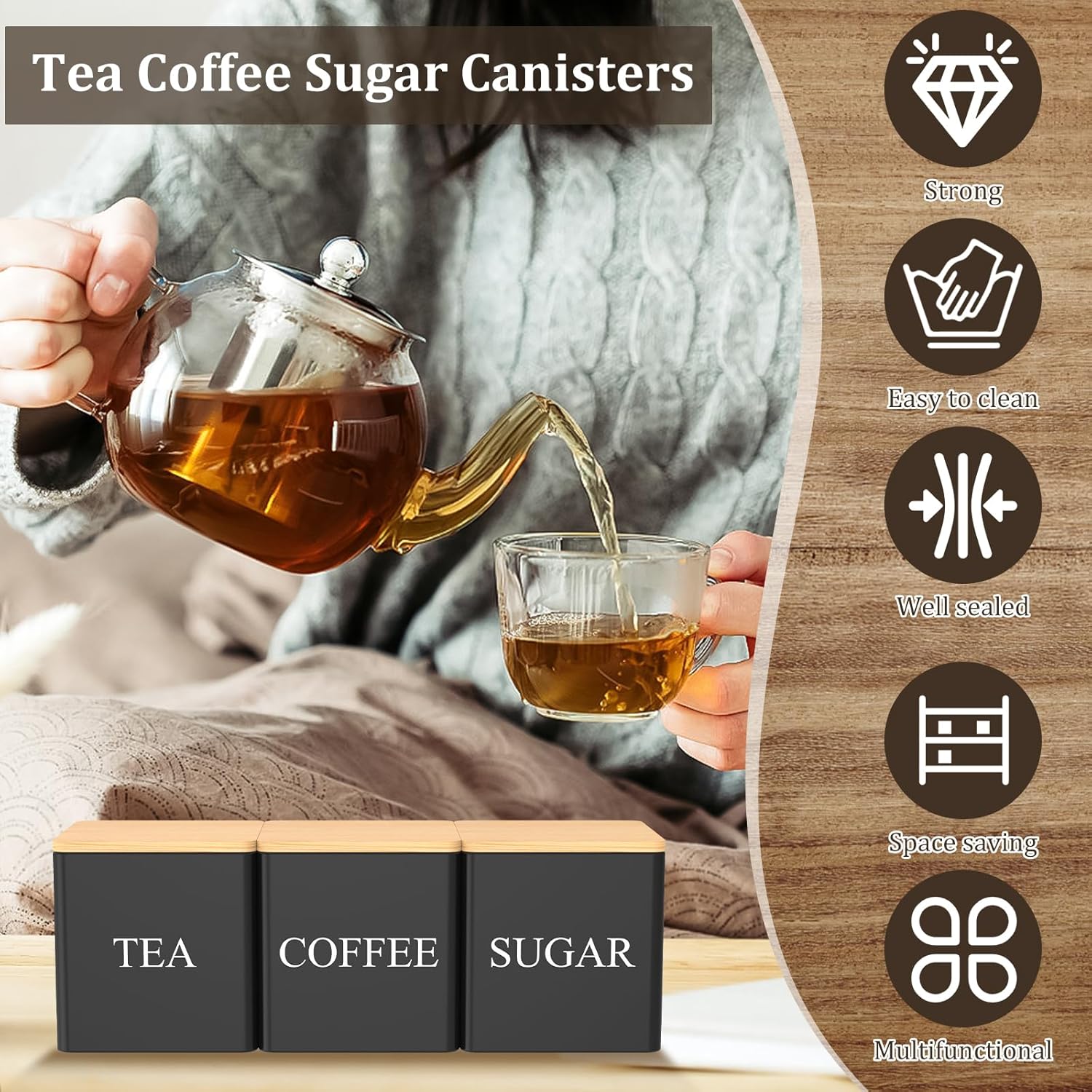 Thumbnail 1 de NIHUIFDPY 3Pcs Tea Coffee Sugar Canister Set, 500ml Metal Storage Tin with Bamboo Lids (Black)