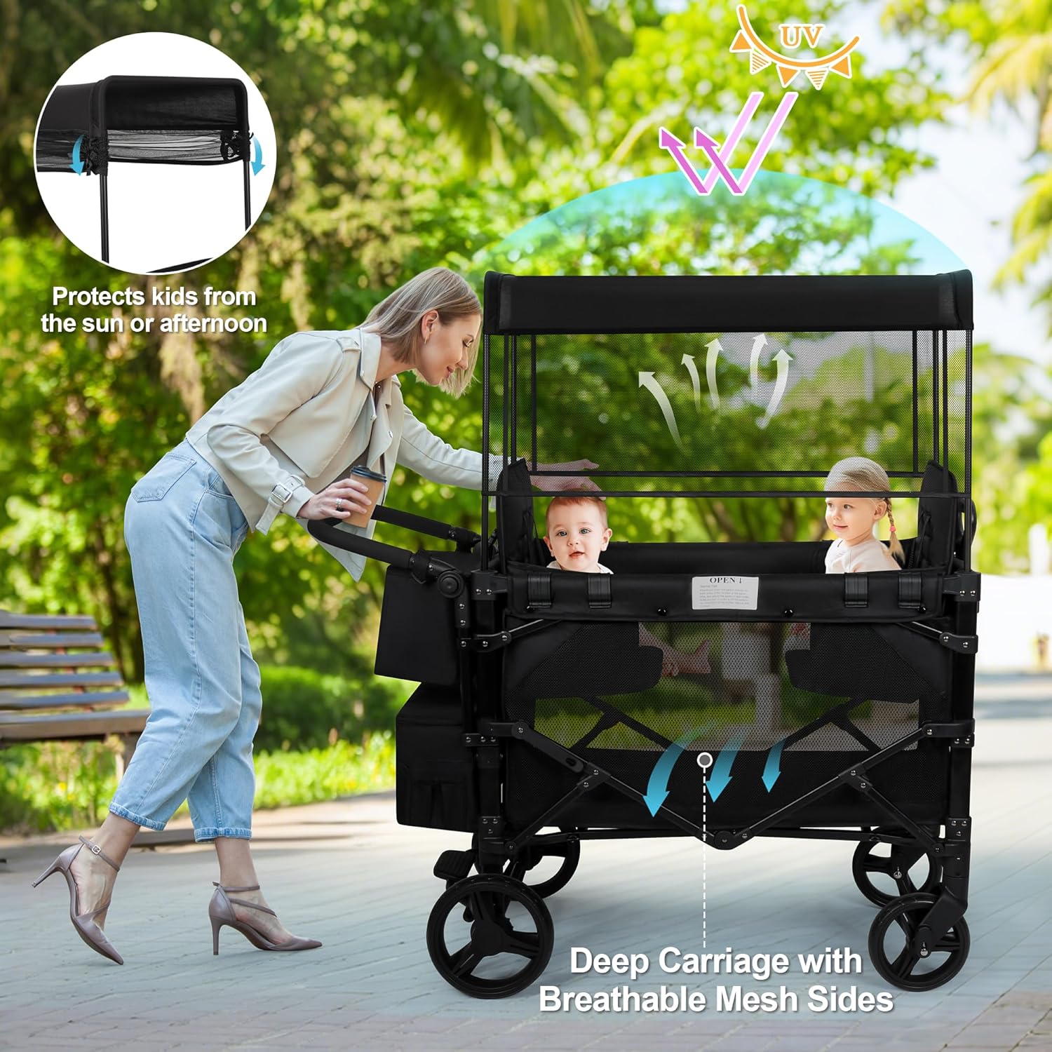 Thumbnail 4 de Wagon Stroller for 2 Kids, High Seat & 5 Point Harness - All-Terrain Foldable Wagon with Canopy (Black, W2-M)