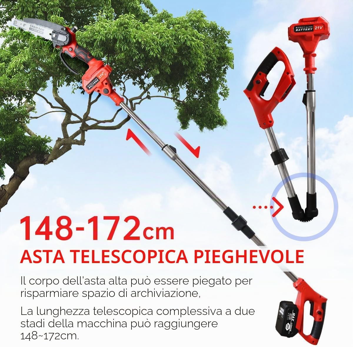 Detalle de 2 in 1 Potatore a Batteria con asta telescopica da 180 cm – Motosega e potatore portatile 8 pollici
