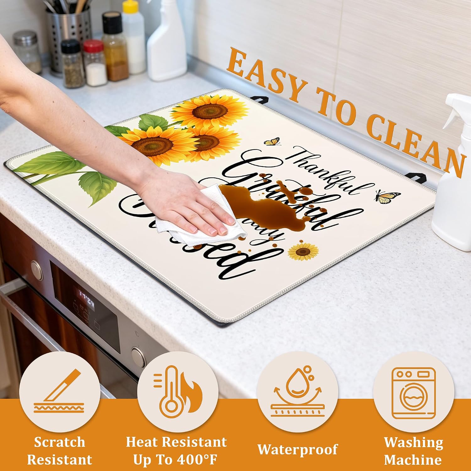 Detalle de YIKTI Sunflowers 28 x 20-Inch Glass-Top Stove Cover and Heat-Resistant Mat