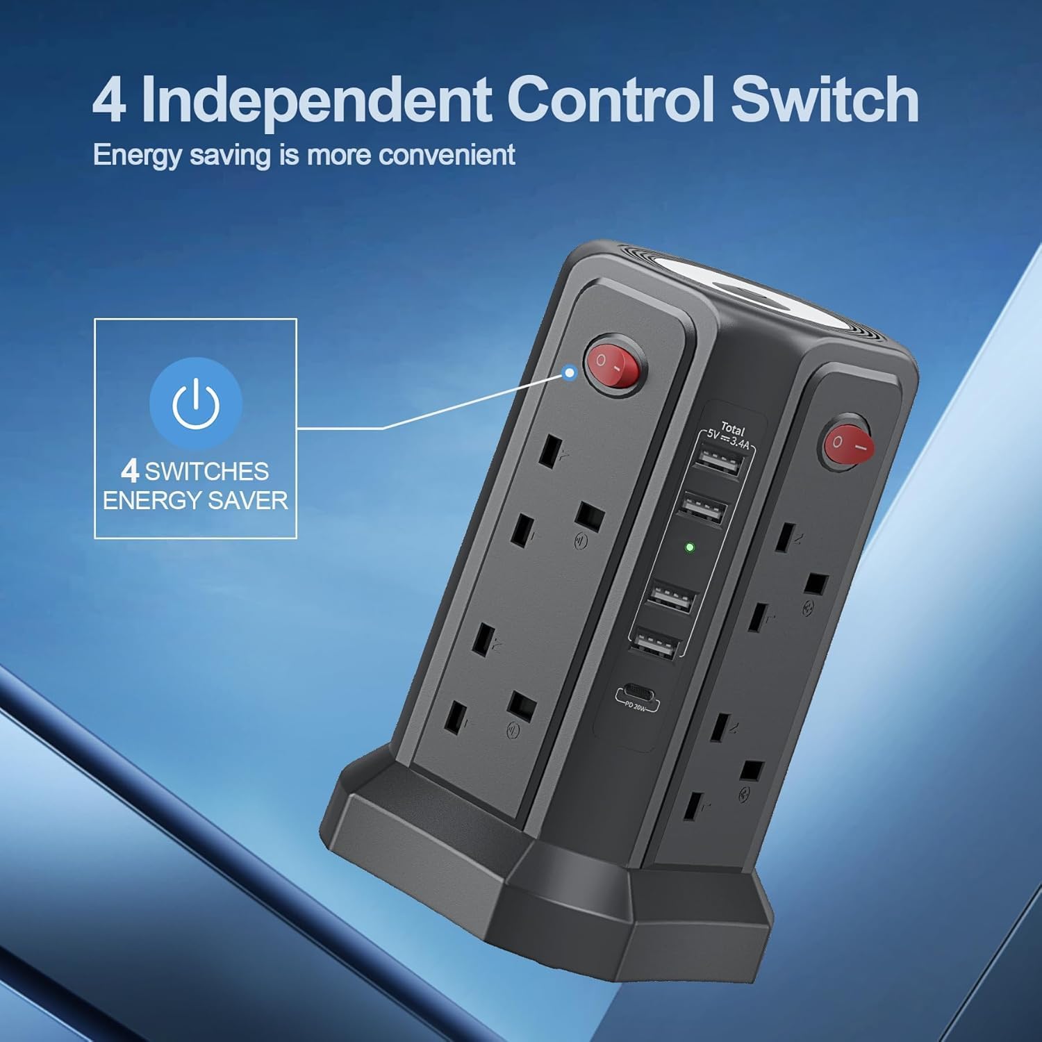 Thumbnail 6 de Extension Lead with USB Ports and 20W USB-C Fast Charger – 8 Way Tower with Night Light and 5M Cable