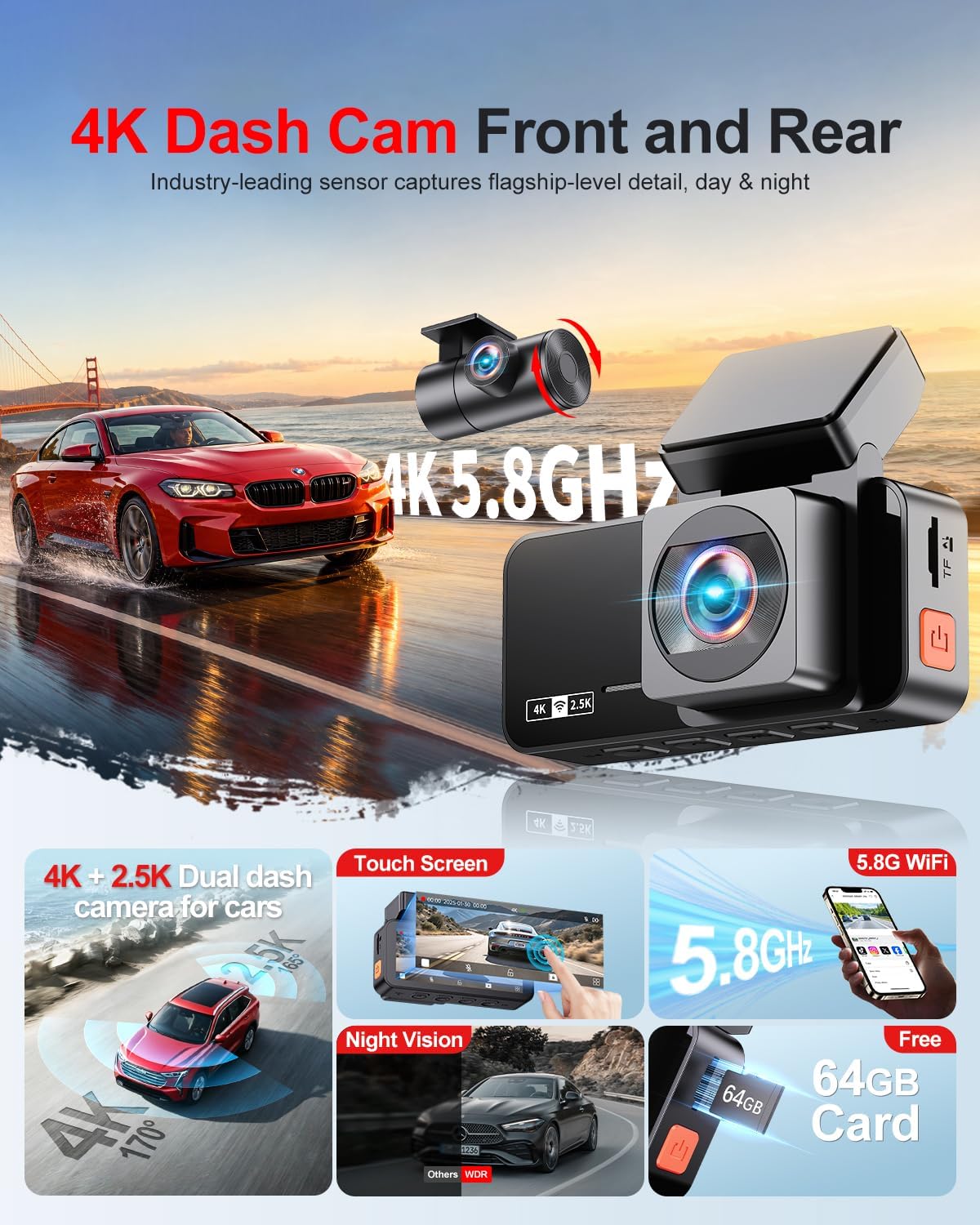 Detalle de WINAIL Front and Rear Dash Cam 64GB
