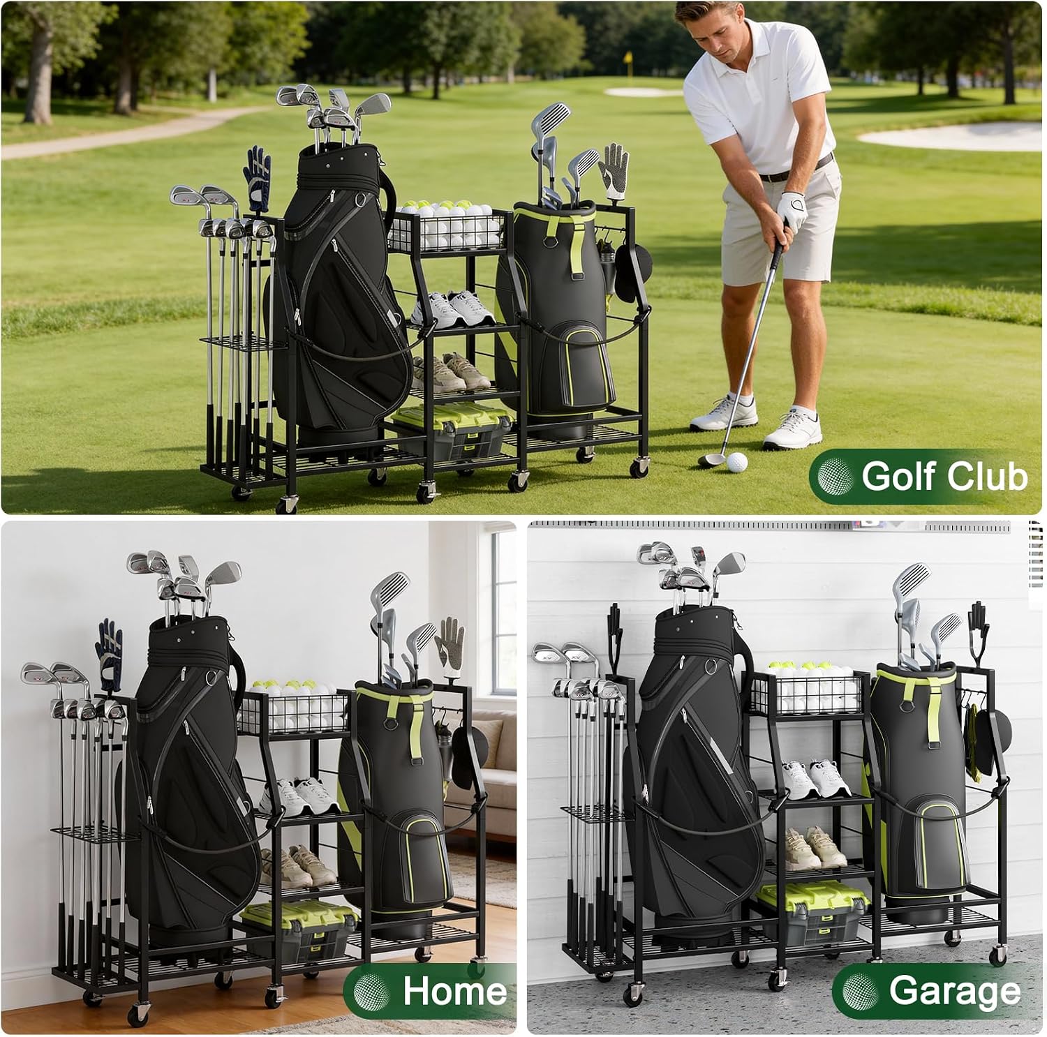 Thumbnail 3 de Neatolgrid GF18-BL Golf Bag Storage Rack with Wheels, Dual-Bag Storage