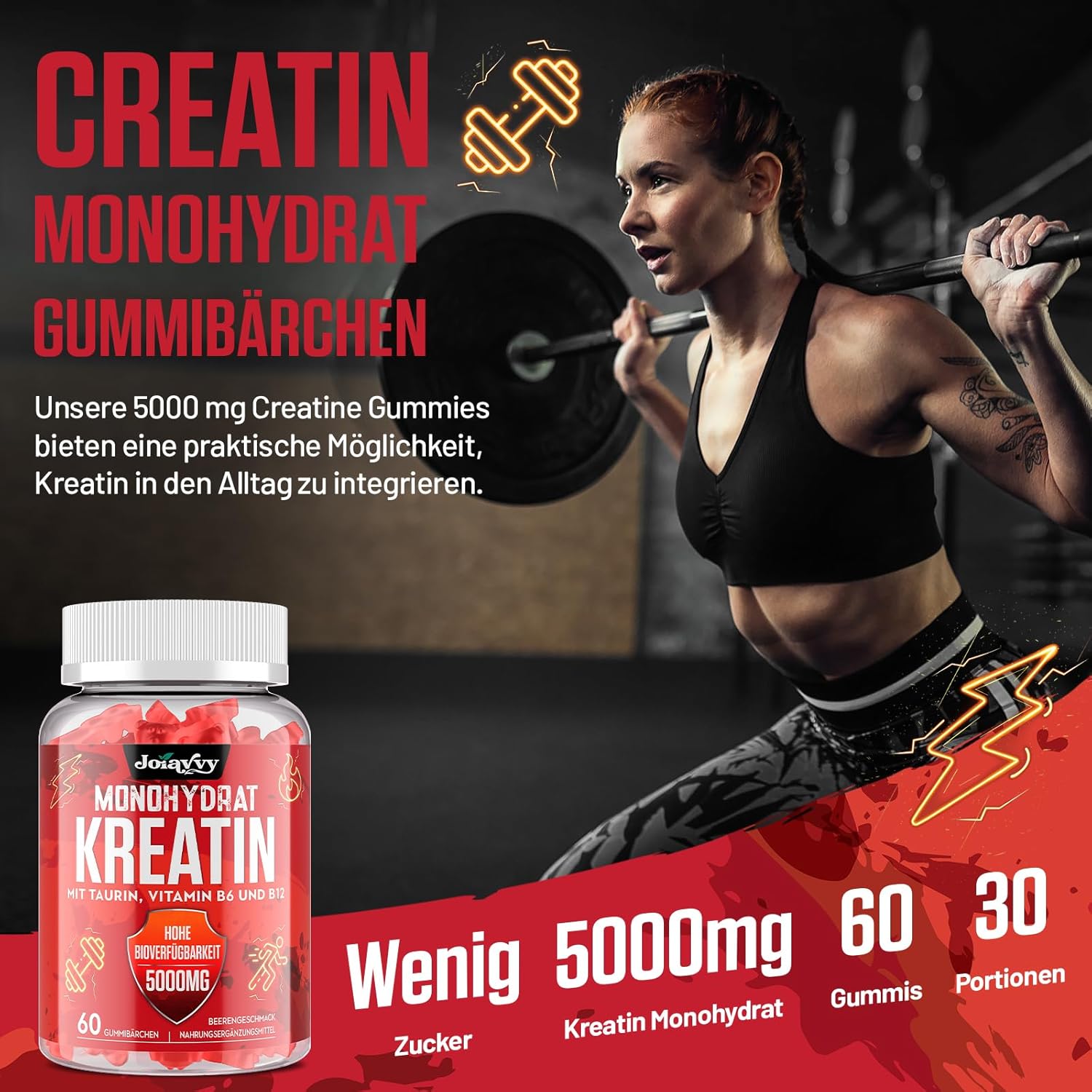 Thumbnail 1 de Joiavvy Créatine Monohydrate Gummies 5000 mg – 60 unités, végan et aromatisées fruits rouges