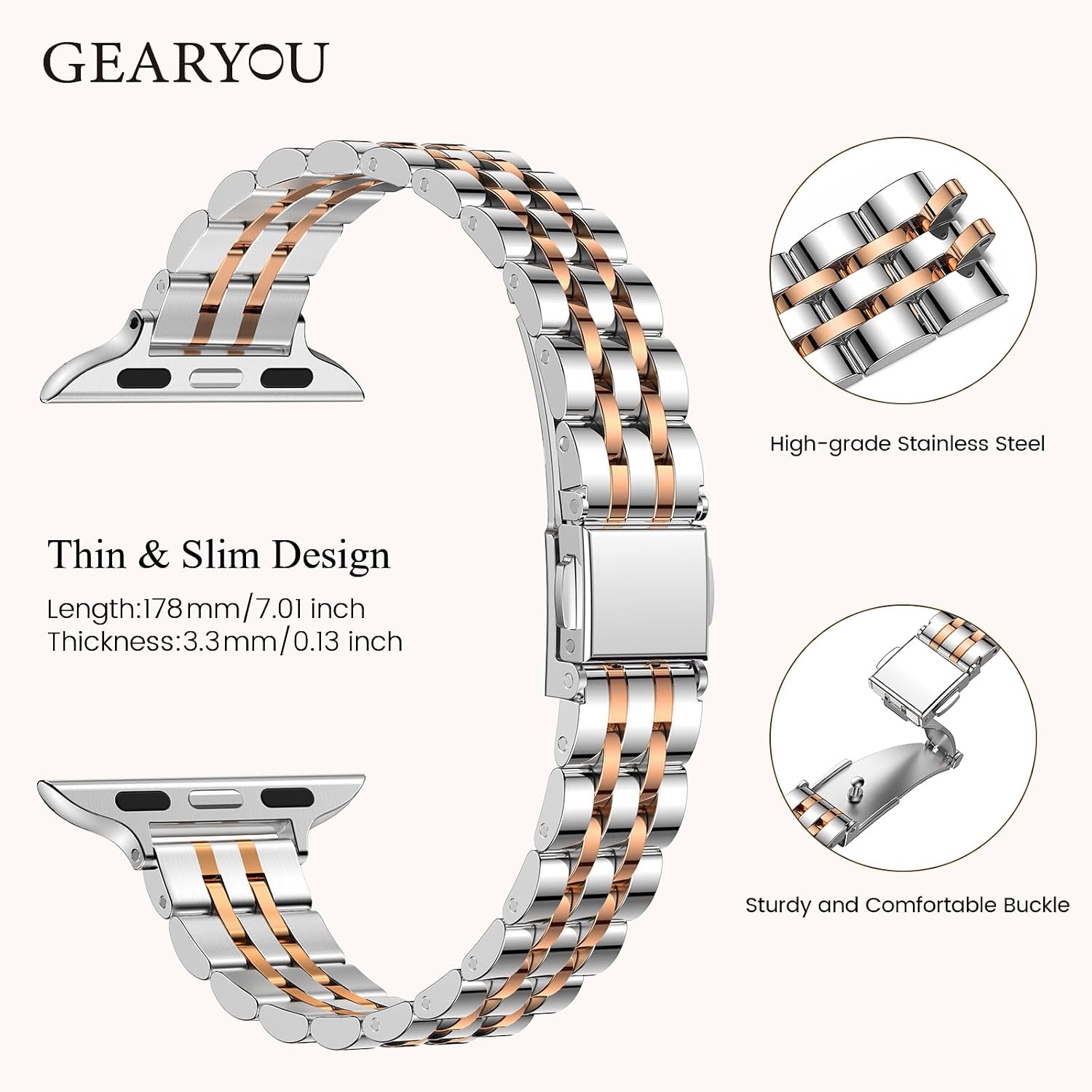 Detalle de GEARYOU Slim Stainless Steel Apple Watch Strap (40mm/38mm/41mm/42mm) – Silver/Rose Gold finish