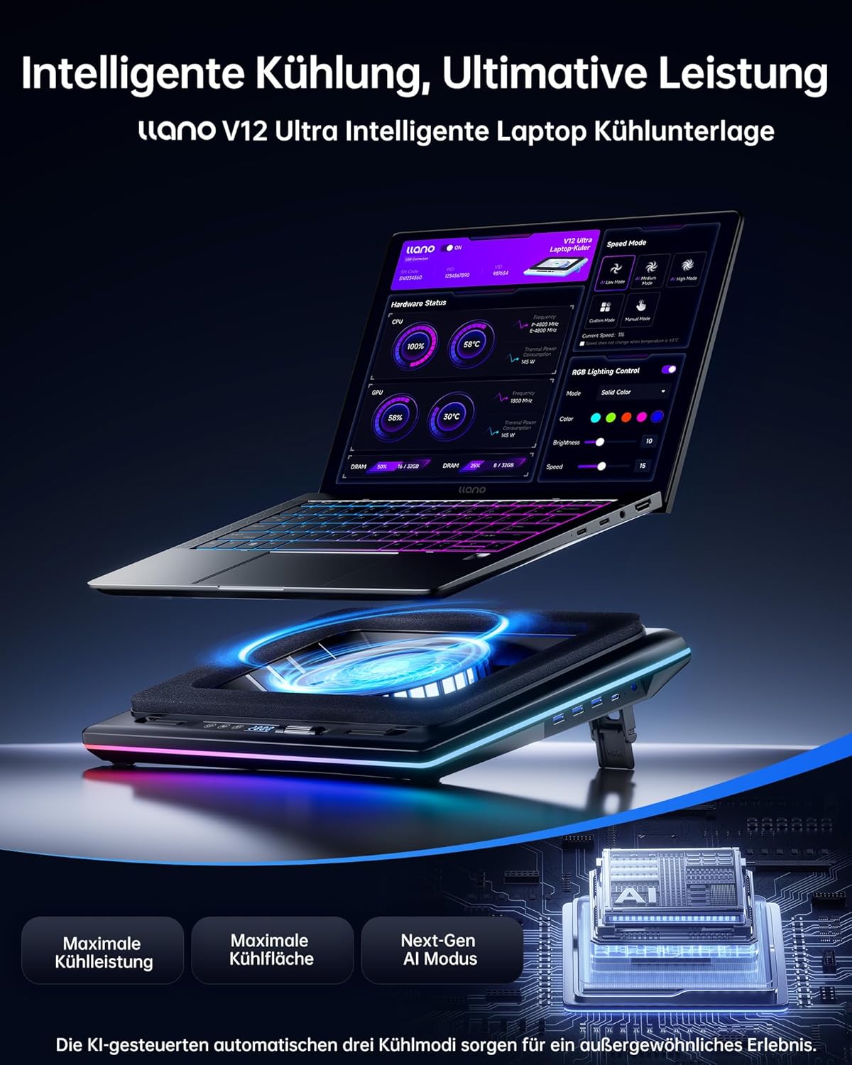 Thumbnail 1 de llano V12 Ultra Laptop Cooler: Kühlpad mit Turbo-Lüfter, RGB und intelligenter Temperatursteuerung