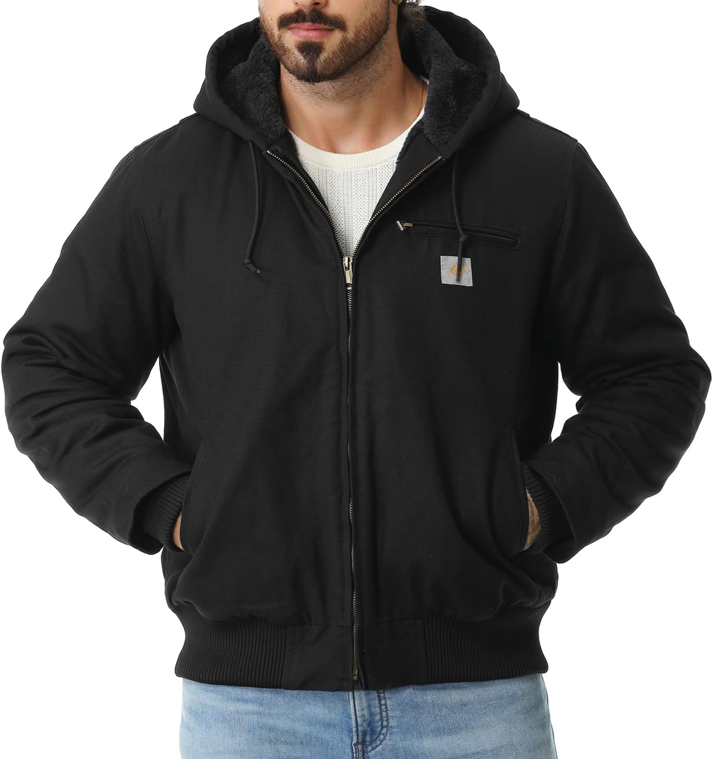 Detalle de TUAOVA Men's Work Coat, Washed Duck Fleece-Lined Waterproof Hooded Jacket