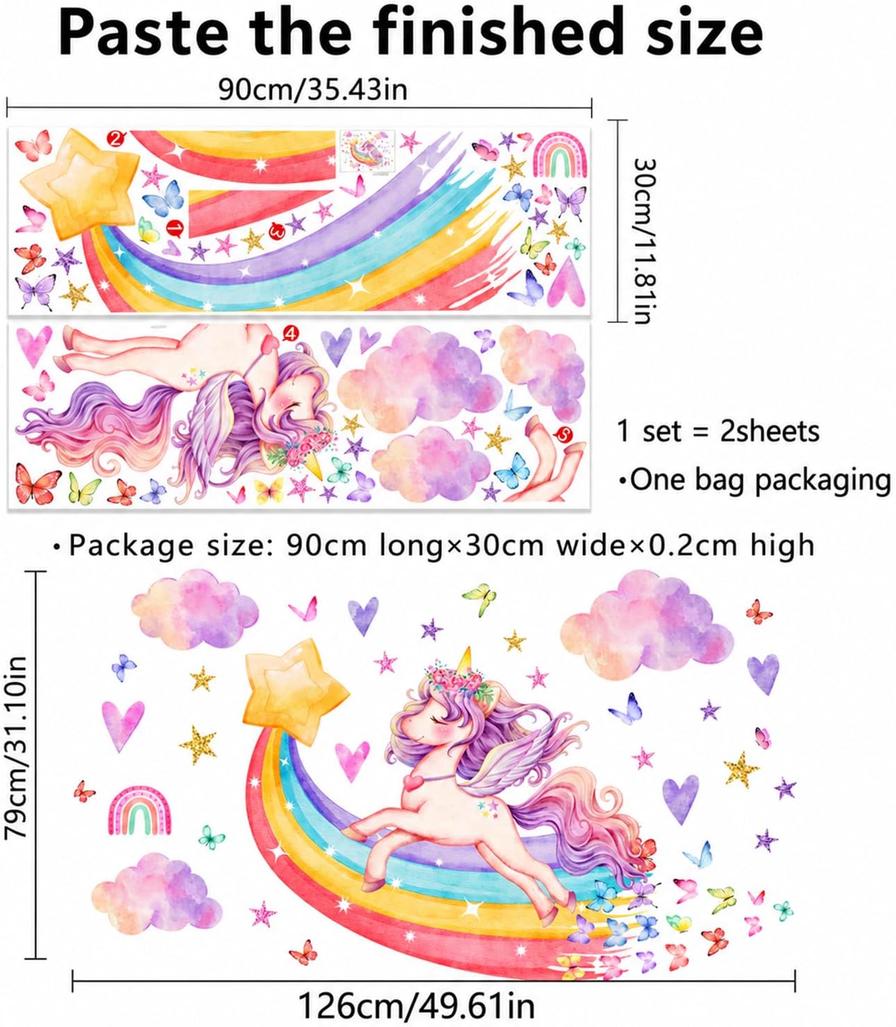 Detalle de Unicorn Rainbow Wall Stickers for Girls' Room — Peel & Stick Vinyl Decals in Gift Box
