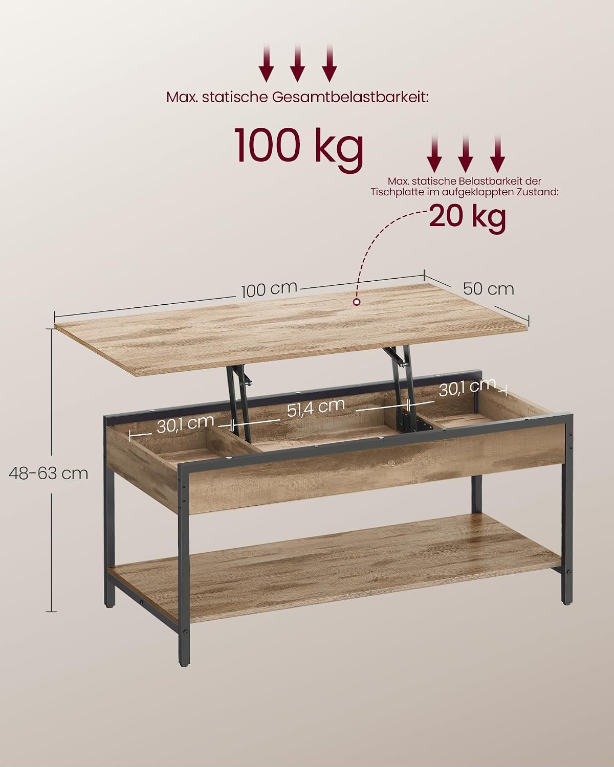 Detalle de VASAGLE LCT261LB02 Height-Adjustable Coffee Table, 50 x 100 cm, Hidden Storage