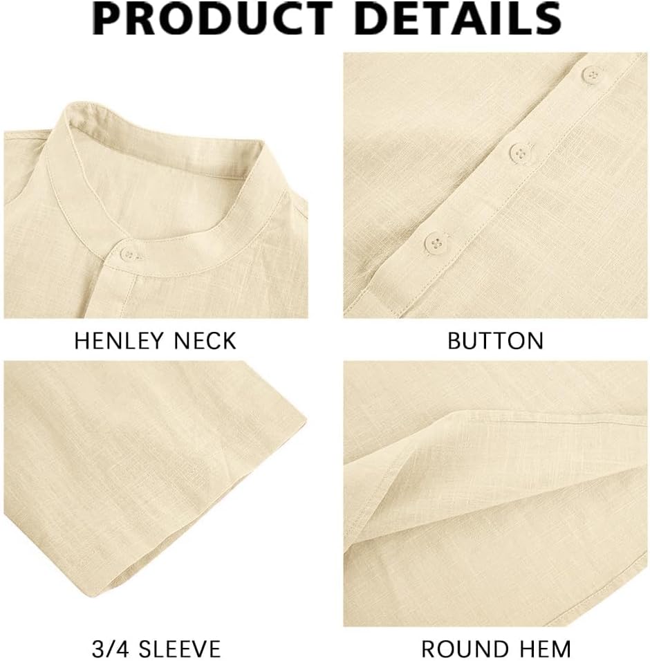 Detalle 2 de Ryannology Men's Linen Shirt – Casual Cotton 3/4 Sleeve Henley, Regular-Fit