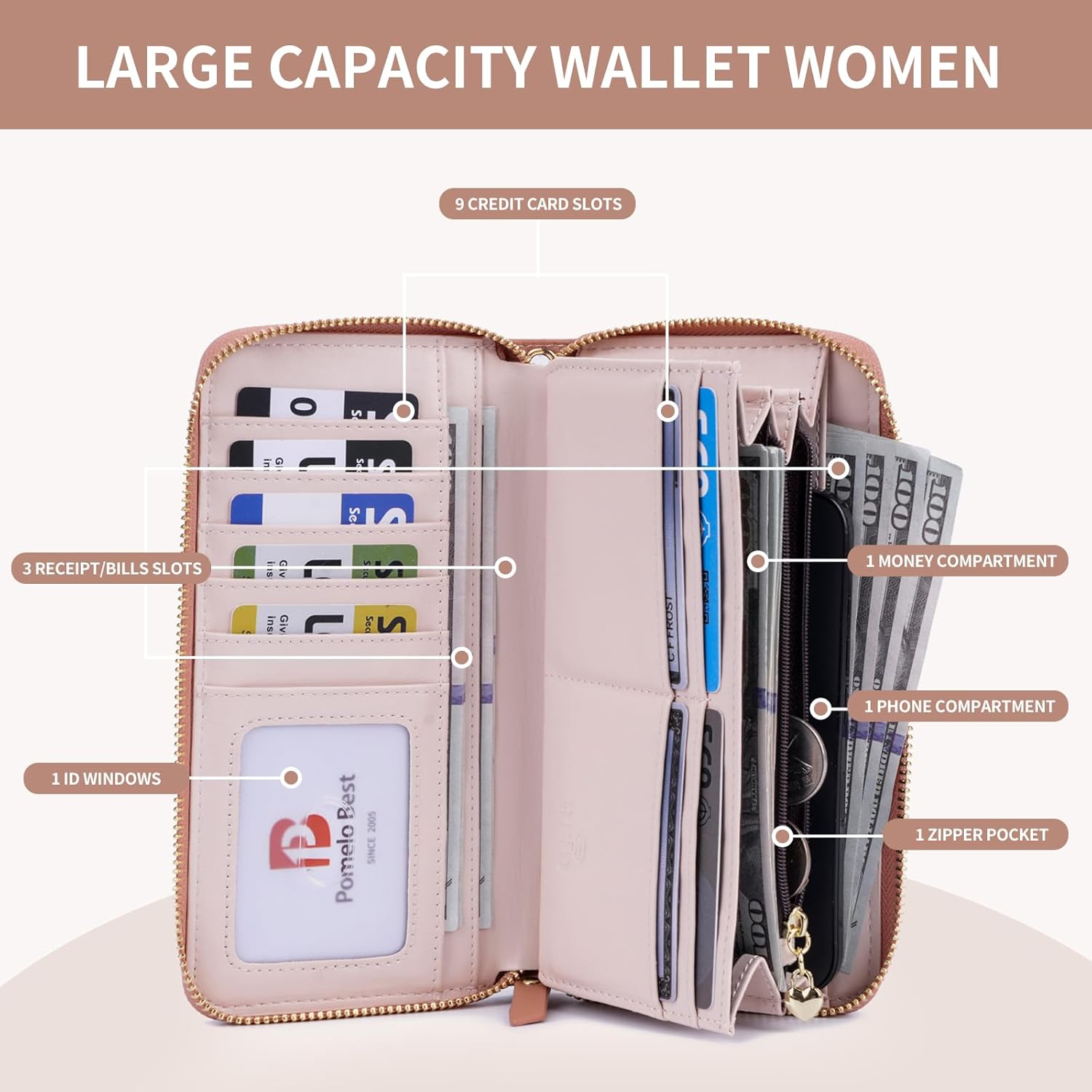 Detalle de Pomelo Best portefeuille femme en cuir PU avec RFID, porte-monnaie zippé et sangle de poignet