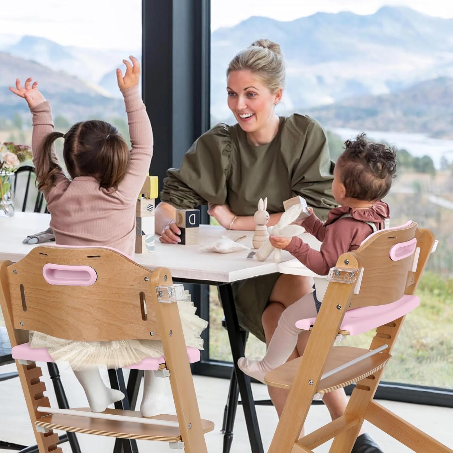 Thumbnail 1 de Cowiewie 3-in-1 Convertible Natural Wooden High Chair (Pink) – Safe, Grow-With-Me Feeding Solution