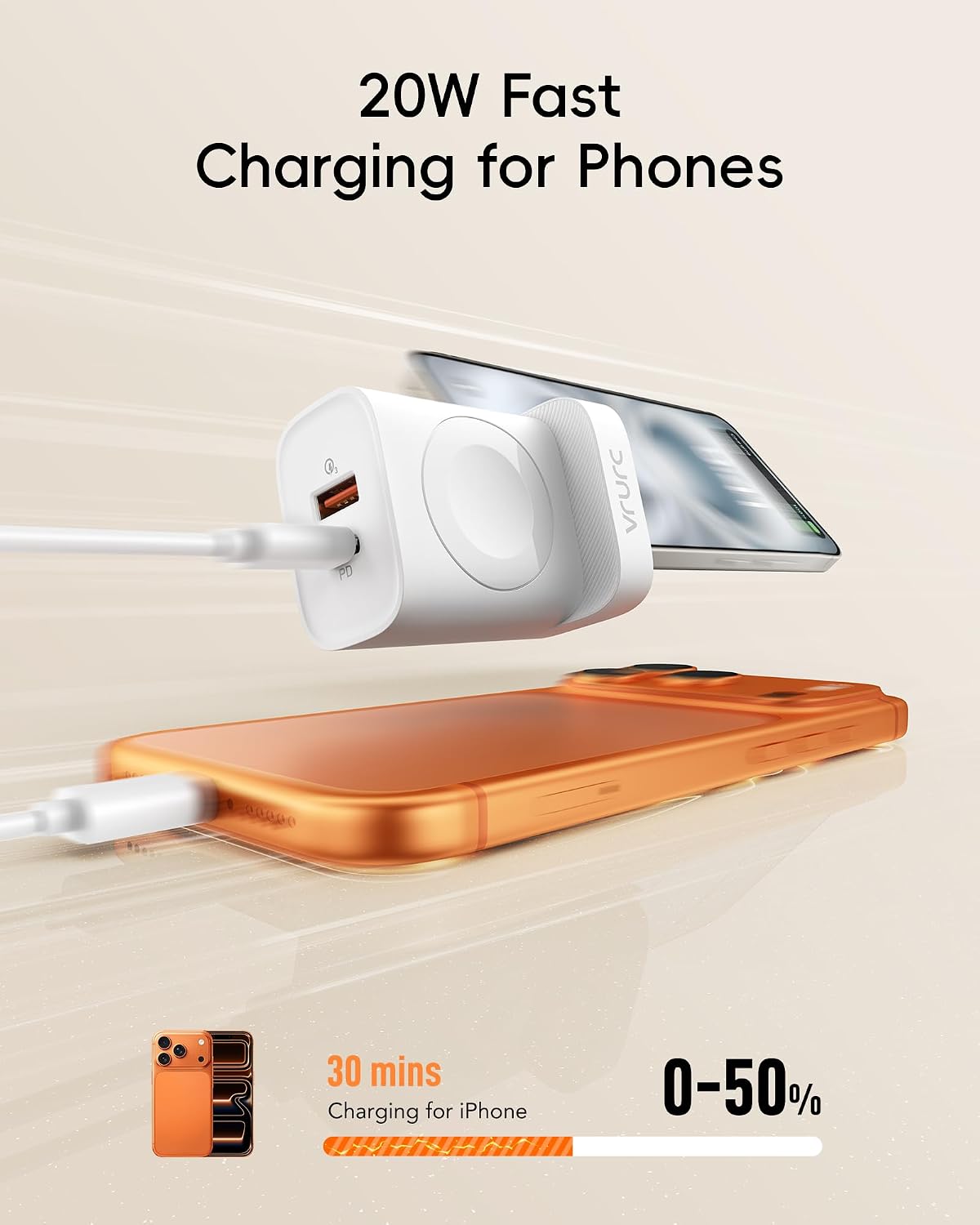 Detalle 2 de VRURC 3-in-1 Charger 20W for iPhone & Apple Watch 🔌
