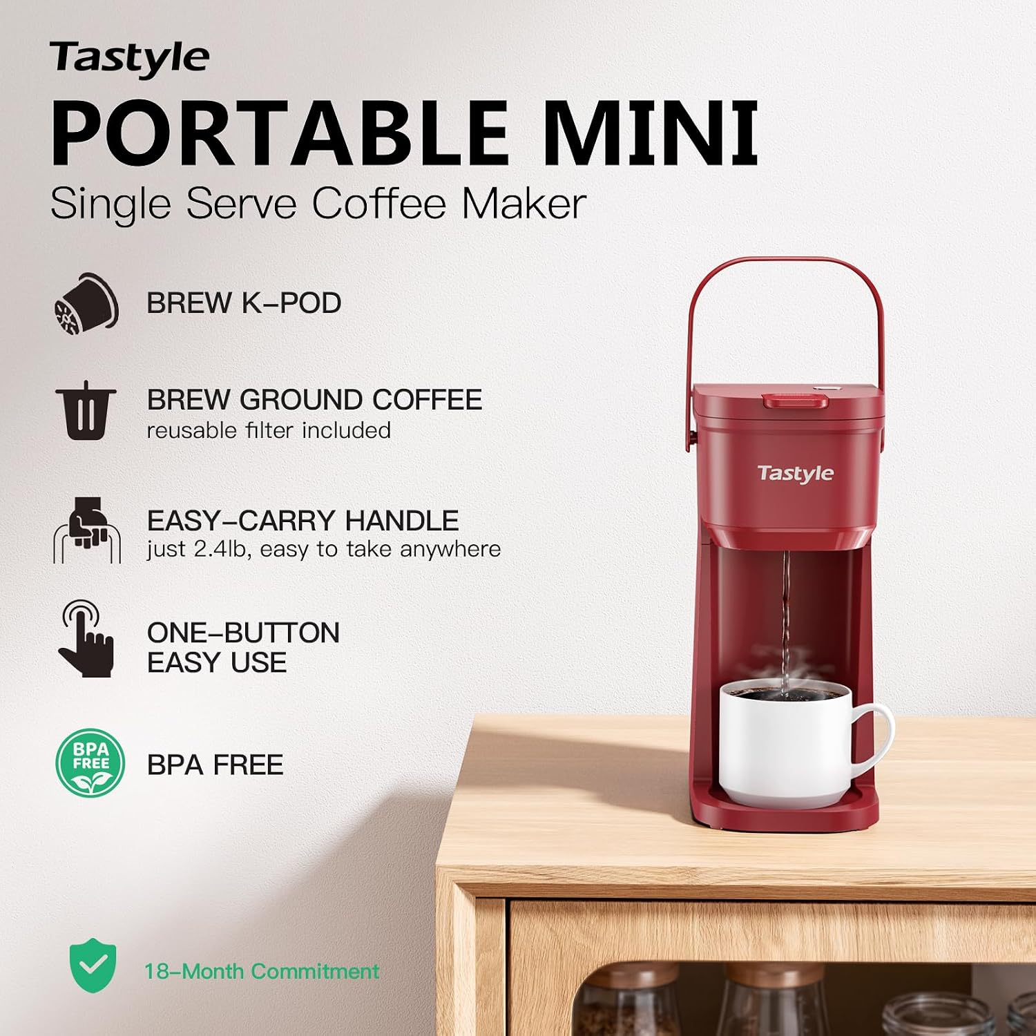 Detalle 2 de Tastyle Single Serve One Cup Coffee Maker (for K-Cups and Grounds) — 6 to 12 Oz, Mini Travel Brewer, Vintage Red