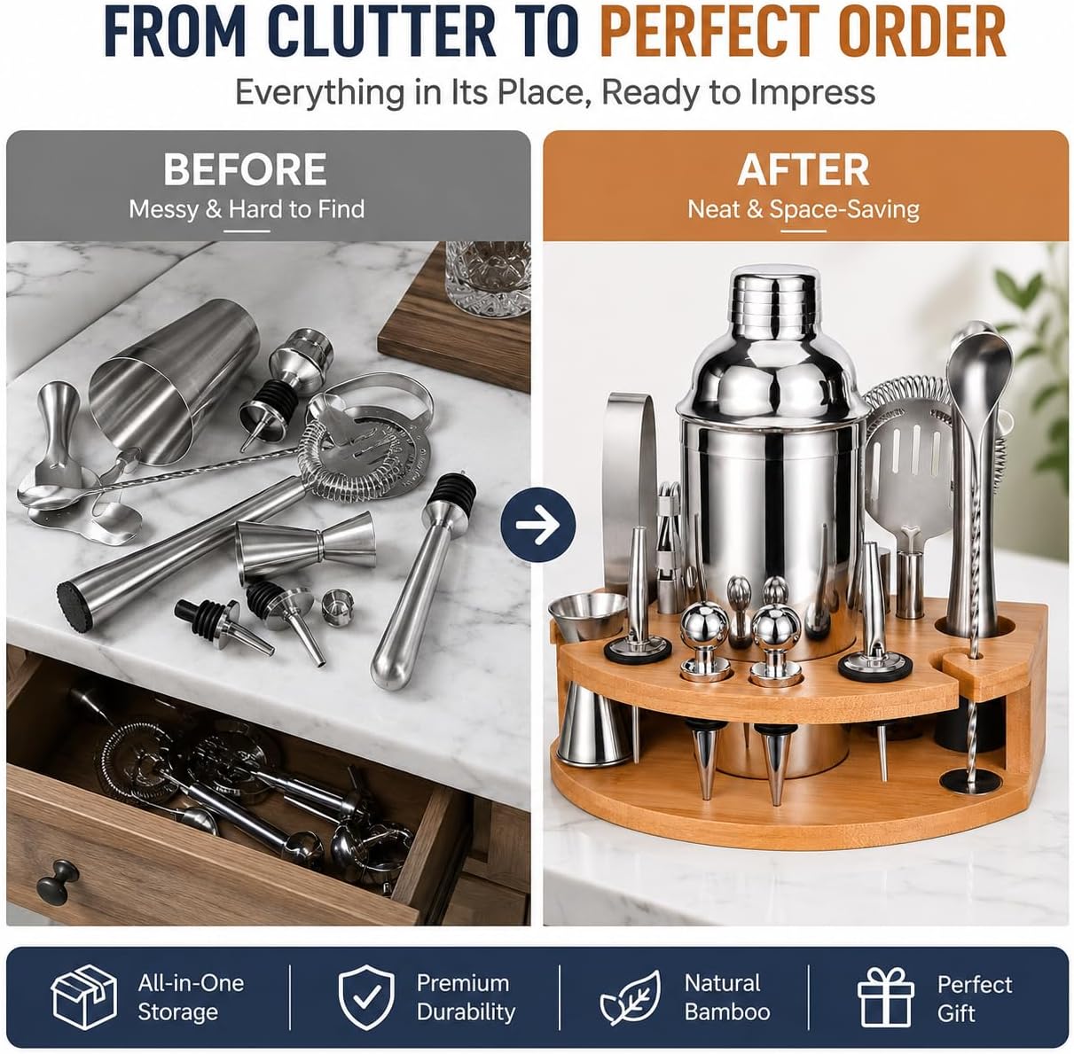 Detalle de Cocktail Shaker Set Esmula 750ML – 12-Teiliges Edelstahl Barkeeper Kit mit Bambusständer