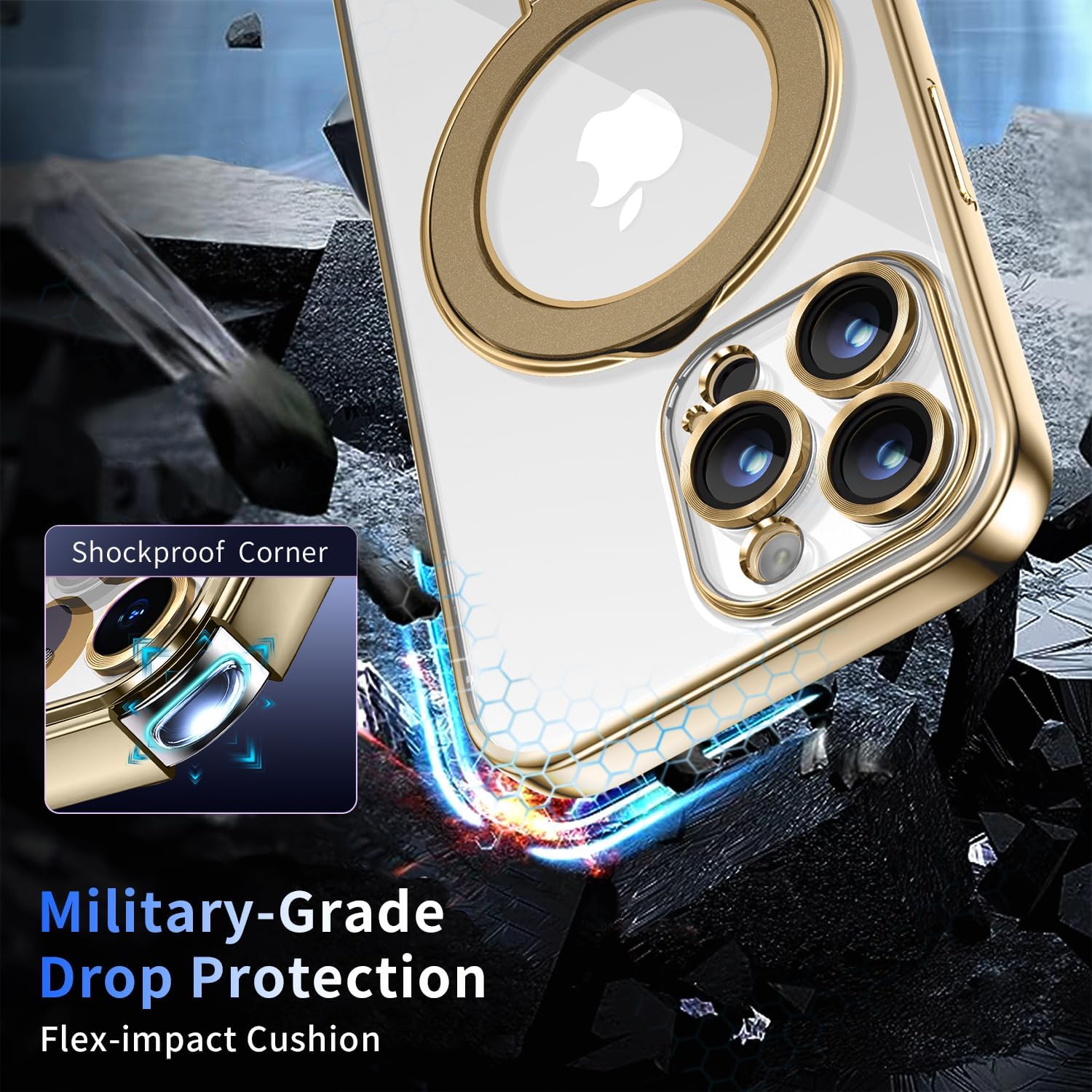 Thumbnail 3 de Pmteyoim Magnetic iPhone 14 Pro Case with Invisible Stand, Full Camera Lens Protection (MagSafe-Compatible) — Gold Clear Slim