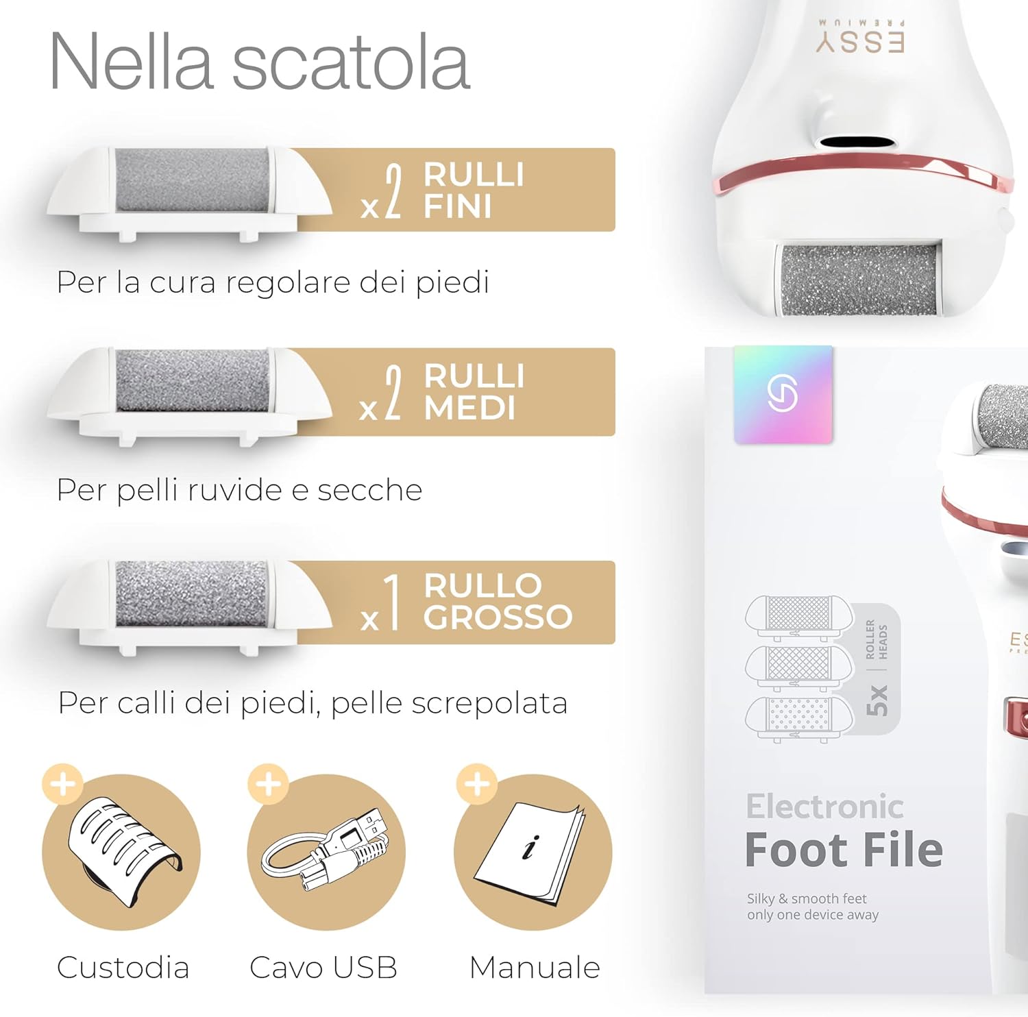 Thumbnail 6 de Essy Pedicure Elettrica Professionale per Piedi con 5 Rulli Sostituibili (Bianco) – Lima per calli e duroni
