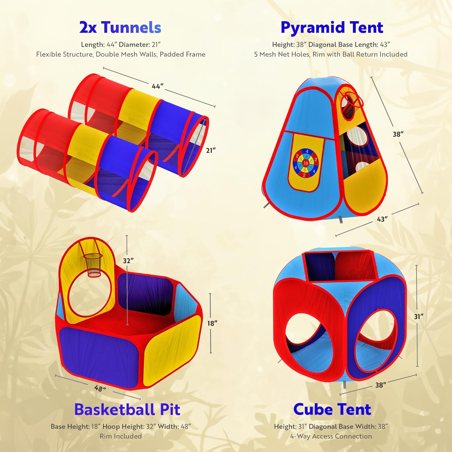 Detalle de Playz 5pc Kids' Play Tents & Tunnels — Ball Pit, Pop-Up Playhouses & Indoor/Outdoor Obstacle Course