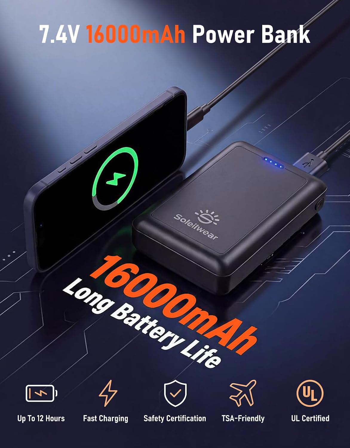 Thumbnail 6 de Soleilwear Graphene Heated Jacket for Men, 16000mAh Battery, 6 Heat Zones