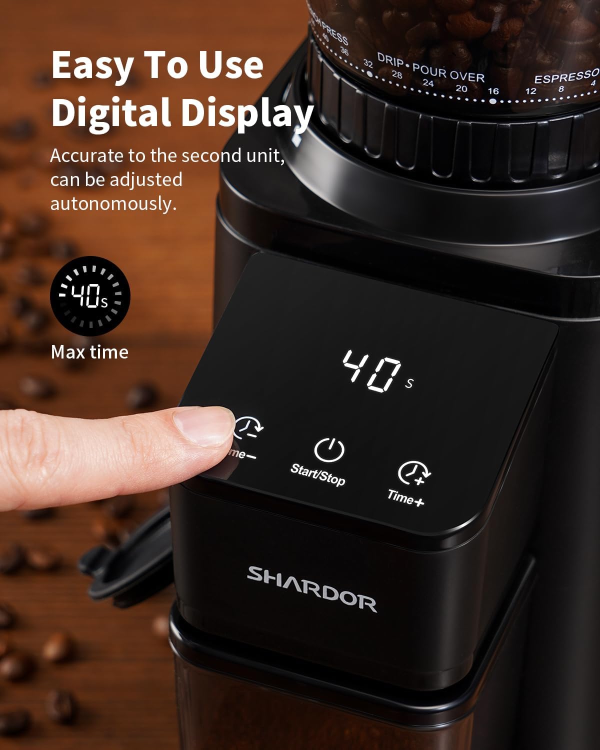 Thumbnail 2 de SHARDOR Professional Conical Burr Coffee Grinder with 48 Grind Settings, Precision Timer, Anti-Static Technology (Black)