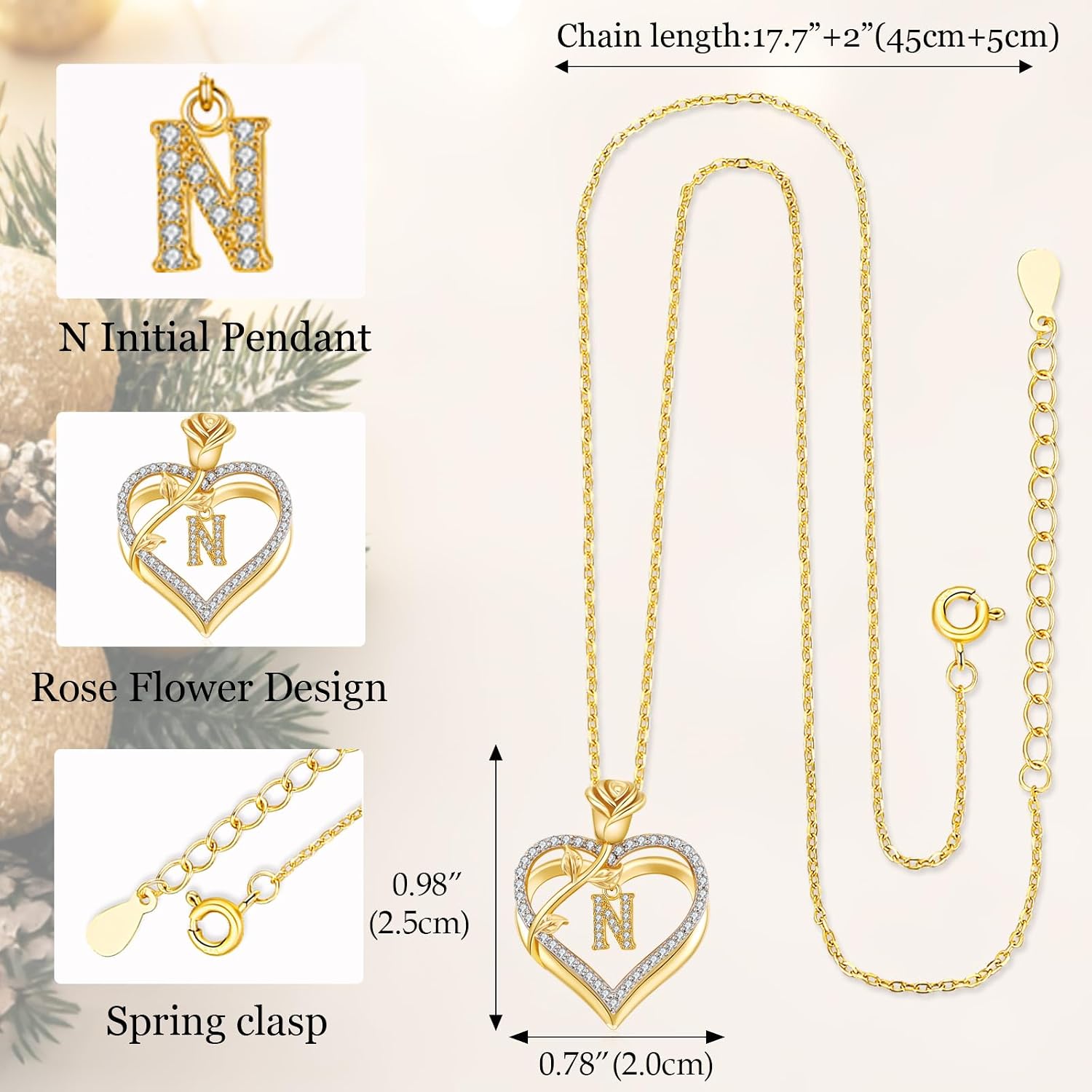 Detalle de Collier Femme llyish Or Lettre Initiale - Cœur Pendentif en Argent 925 / Laiton, 26 Initiales A–Z, Chaîne longue, Cadeau personnalisé