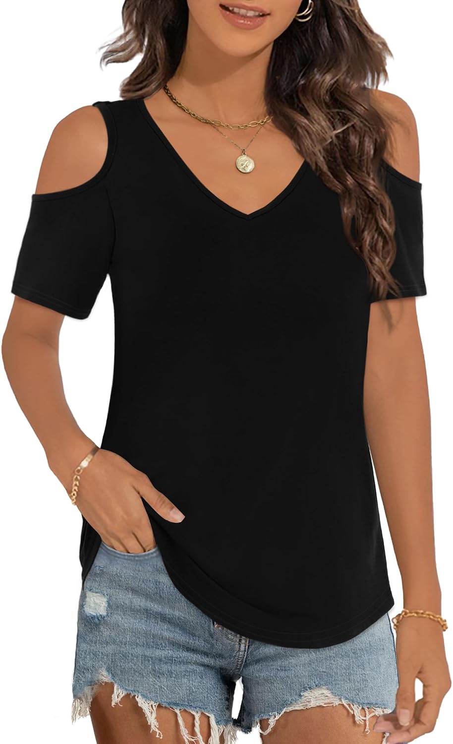 Detalle de Elesomo ladies cold shoulder V-neck summer top (short sleeve, casual T-shirt style)