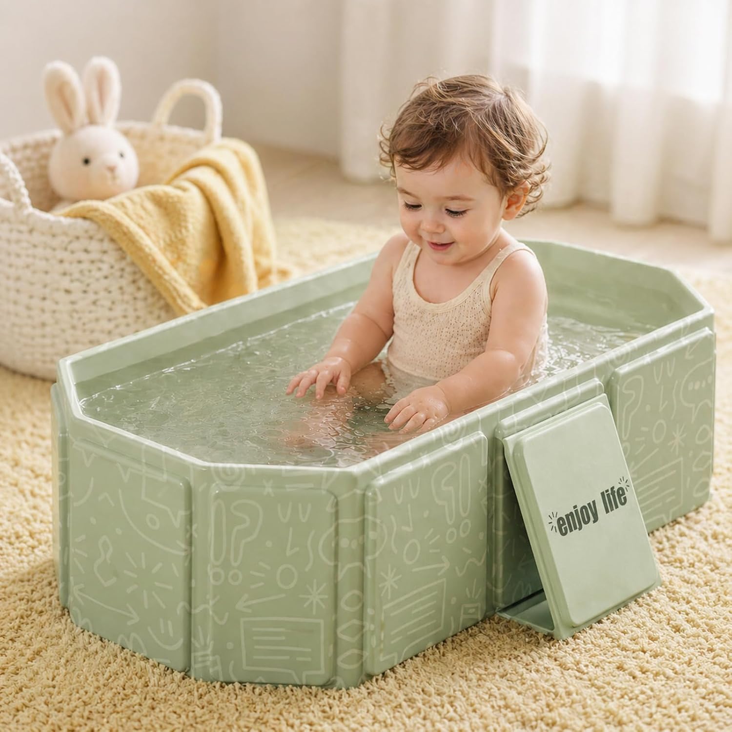 Detalle de Vaiziya opvouwbaar babybadje in groen PVC met afvoerstop