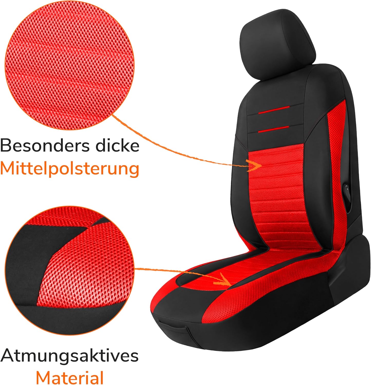 Detalle de Upgrade4cars Autositzbezüge Set für die Vordersitze (Version 2026) – universell in Rot, 4-teilig