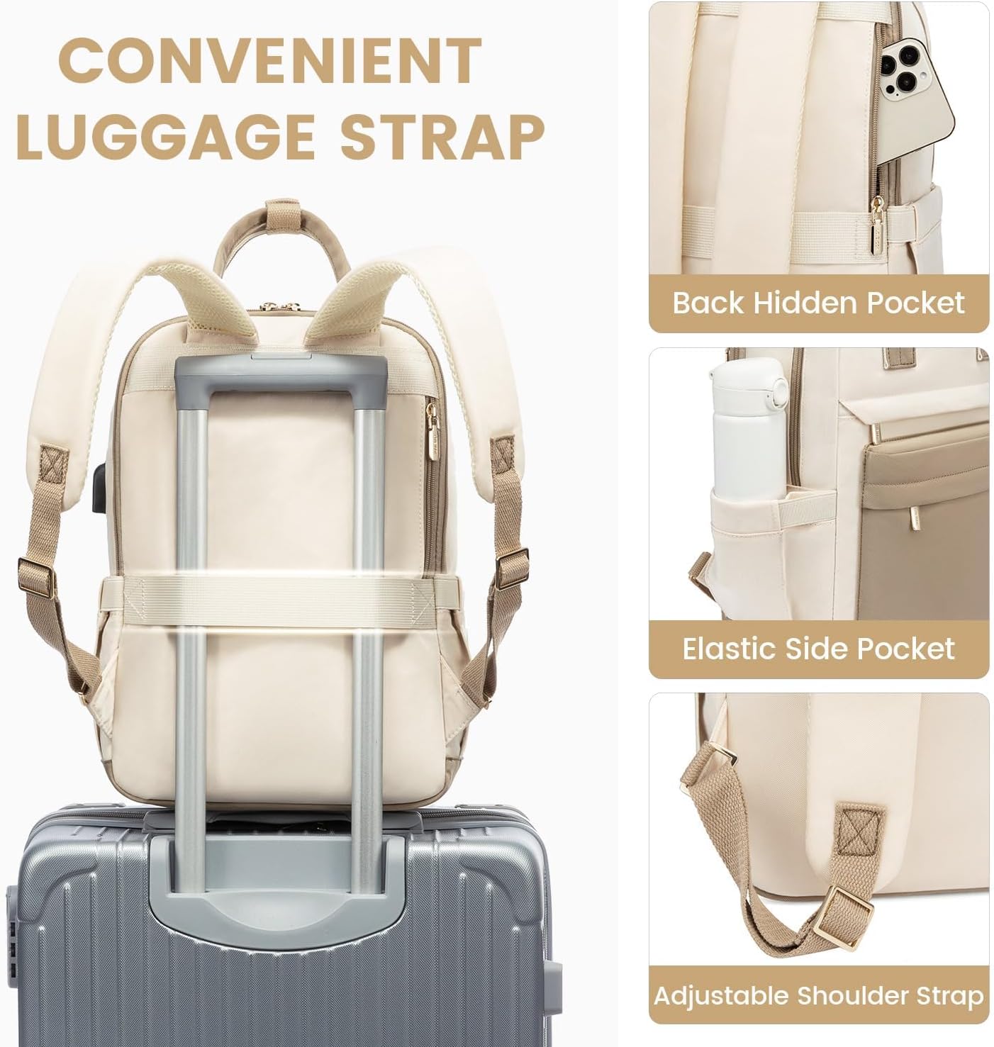 Detalle de LOVEVOOK Laptop Backpack Womens, 14 Inch Waterproof Backpack in Khaki Beige