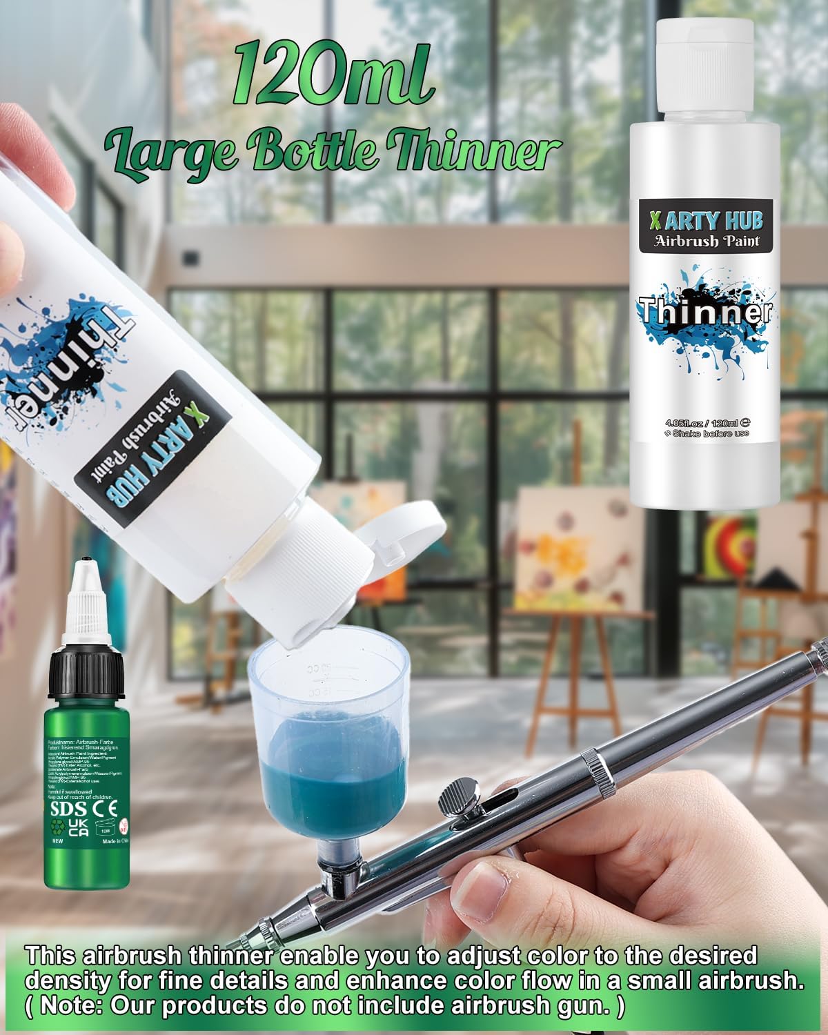 Detalle de X ARTY HUB airbrush-verfset met 42 kleuren en 120 ml verdunner