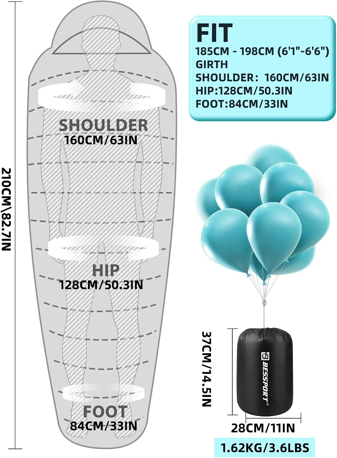 Thumbnail 1 de Bessport Mumienschlafsack –10 bis –15 °C, 4-Jahreszeiten, wasserabweisend & reißfest (bis ca. 1,62 kg)