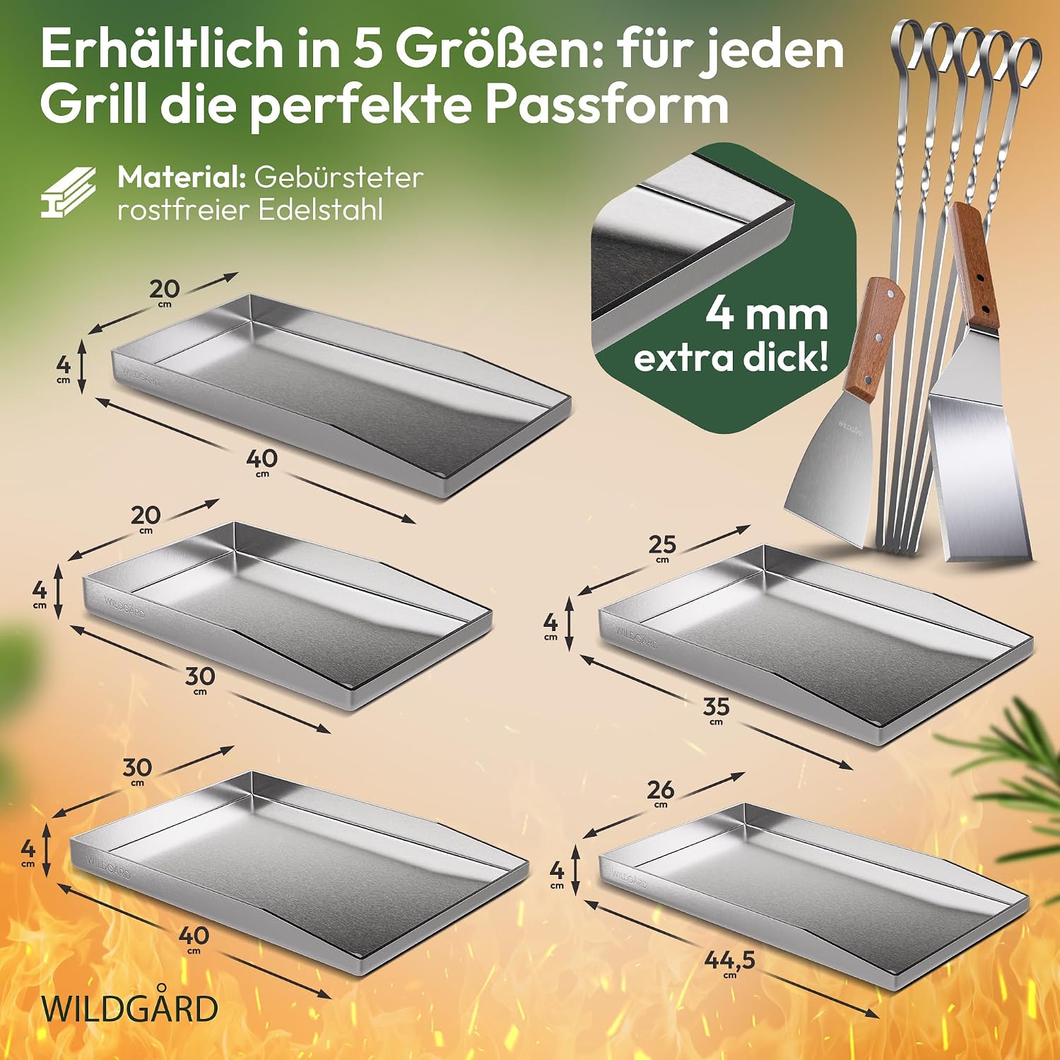 Thumbnail 6 de WILDGÅRD Grillplatte Plancha 40 x 30 cm aus rostfreiem Edelstahl – inkl. 2 Grillspachtel & 5 Spieße