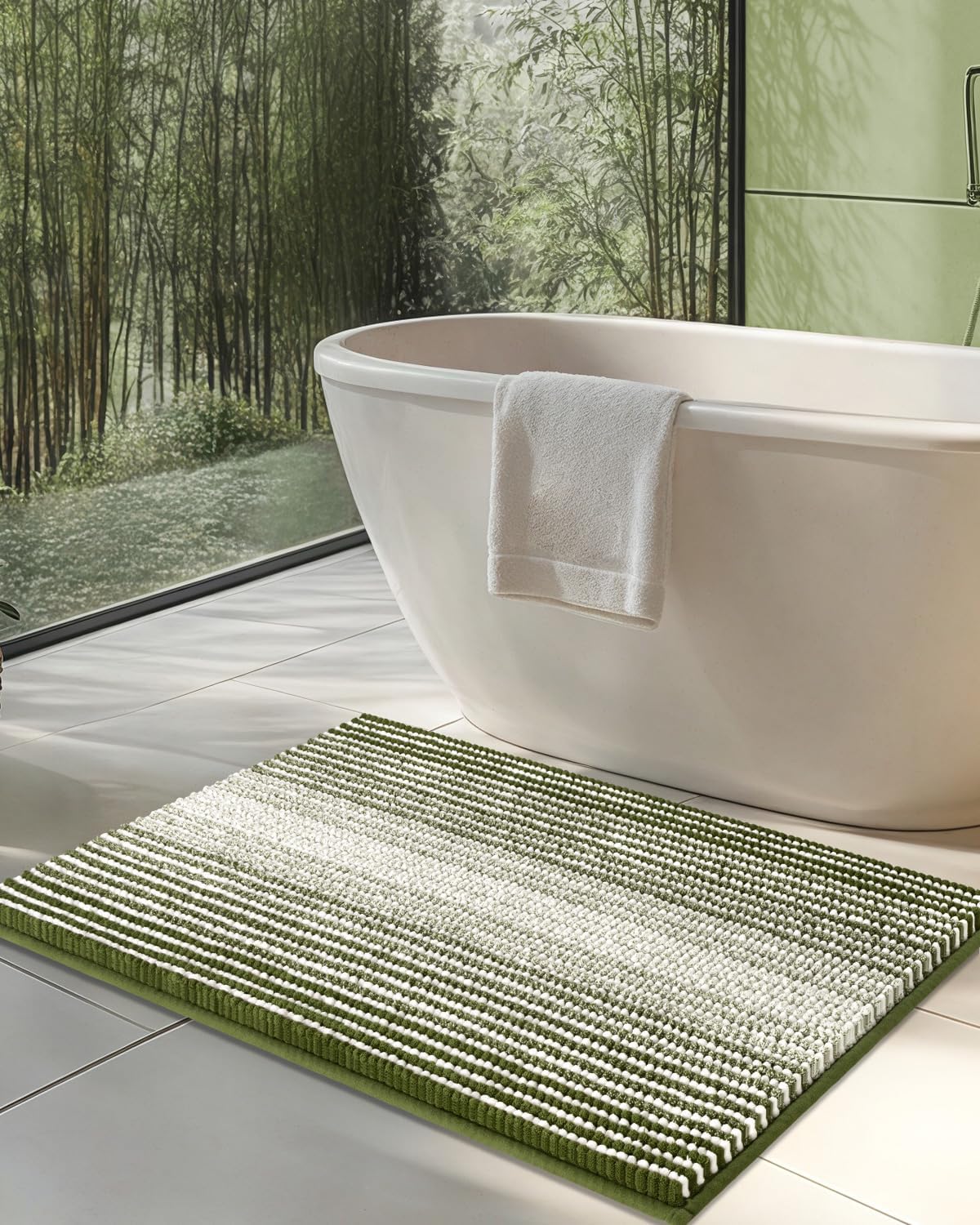 Detalle de BSICPRO JYMT Chenille Bath Mat, 20 x 32-Inch Sage Striped, Machine Washable
