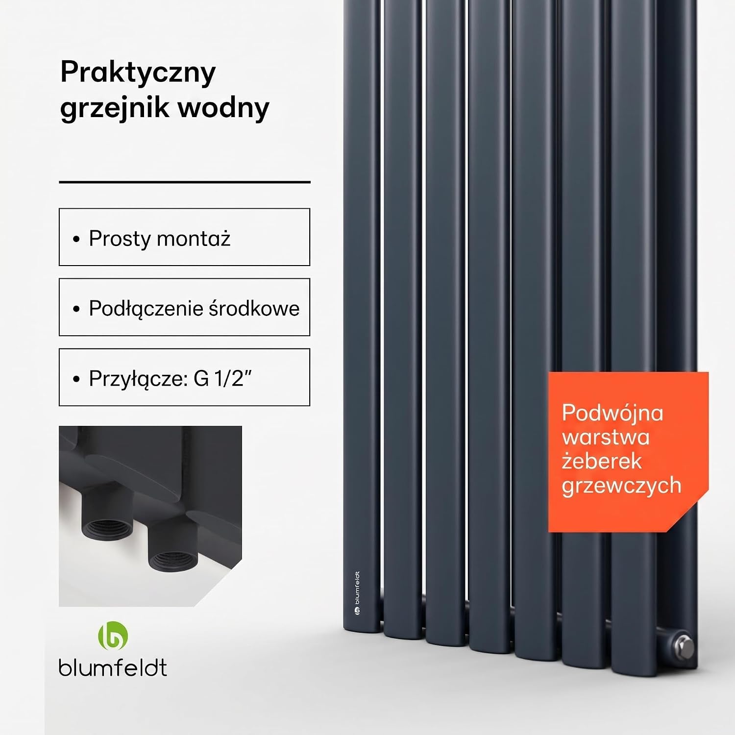 Detalle de blumfeldt SAN2-Thal-2-180*41-a Hot Water Radiator, 1435W, Charcoal
